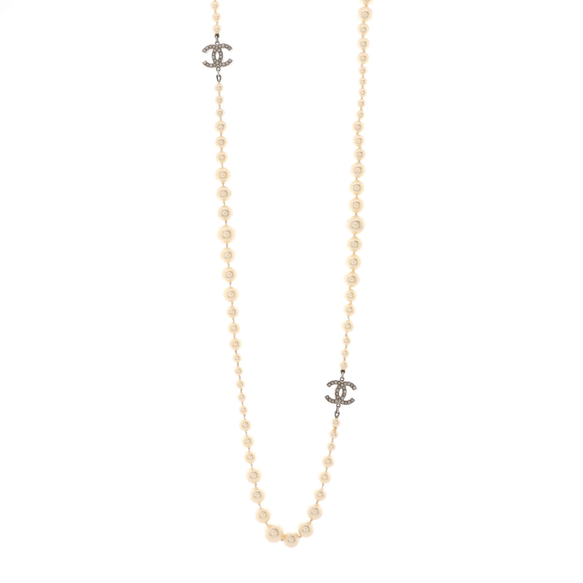 CC Long Necklace Faux Pearl and Metal with Beads