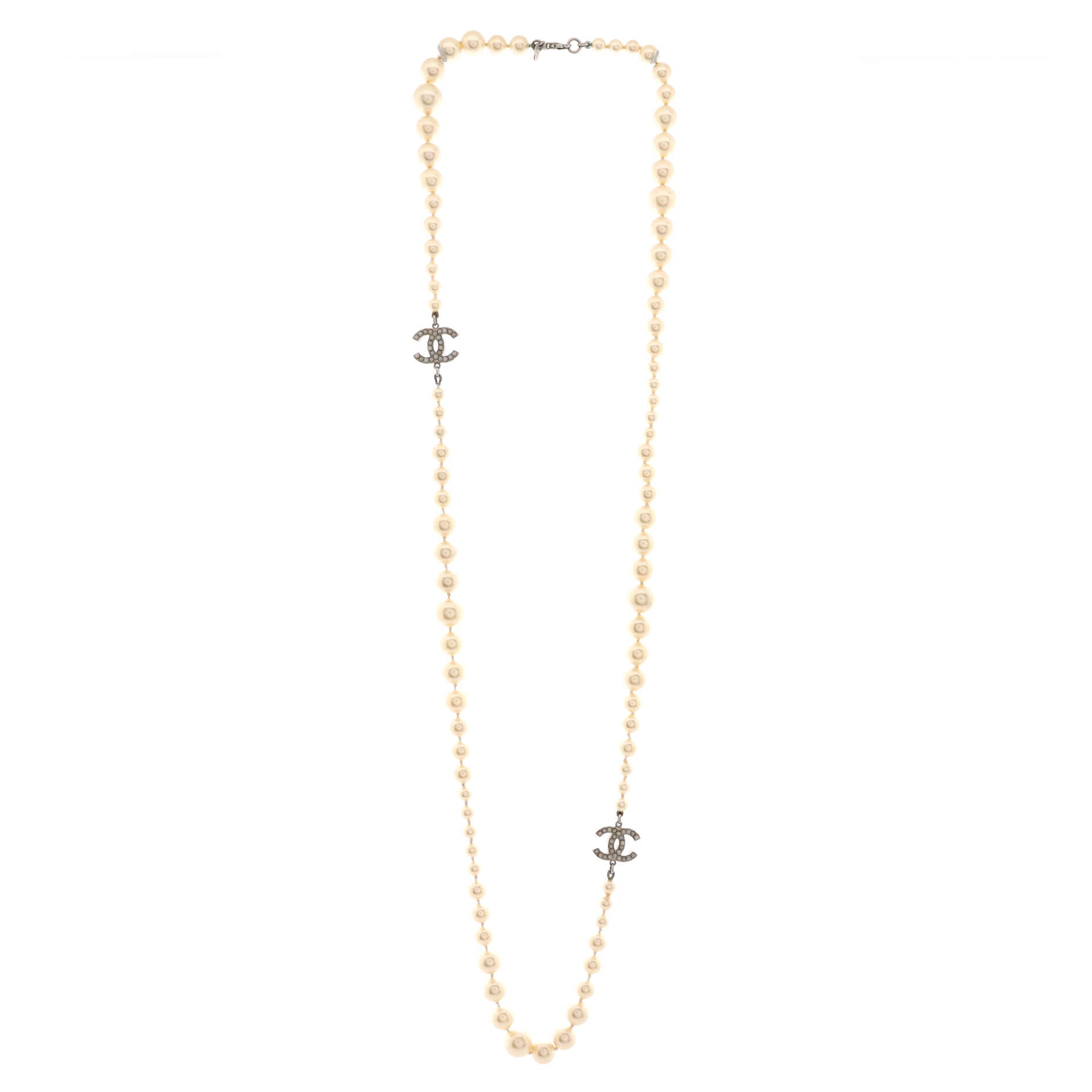 CC Long Necklace Faux Pearl and Metal with Beads