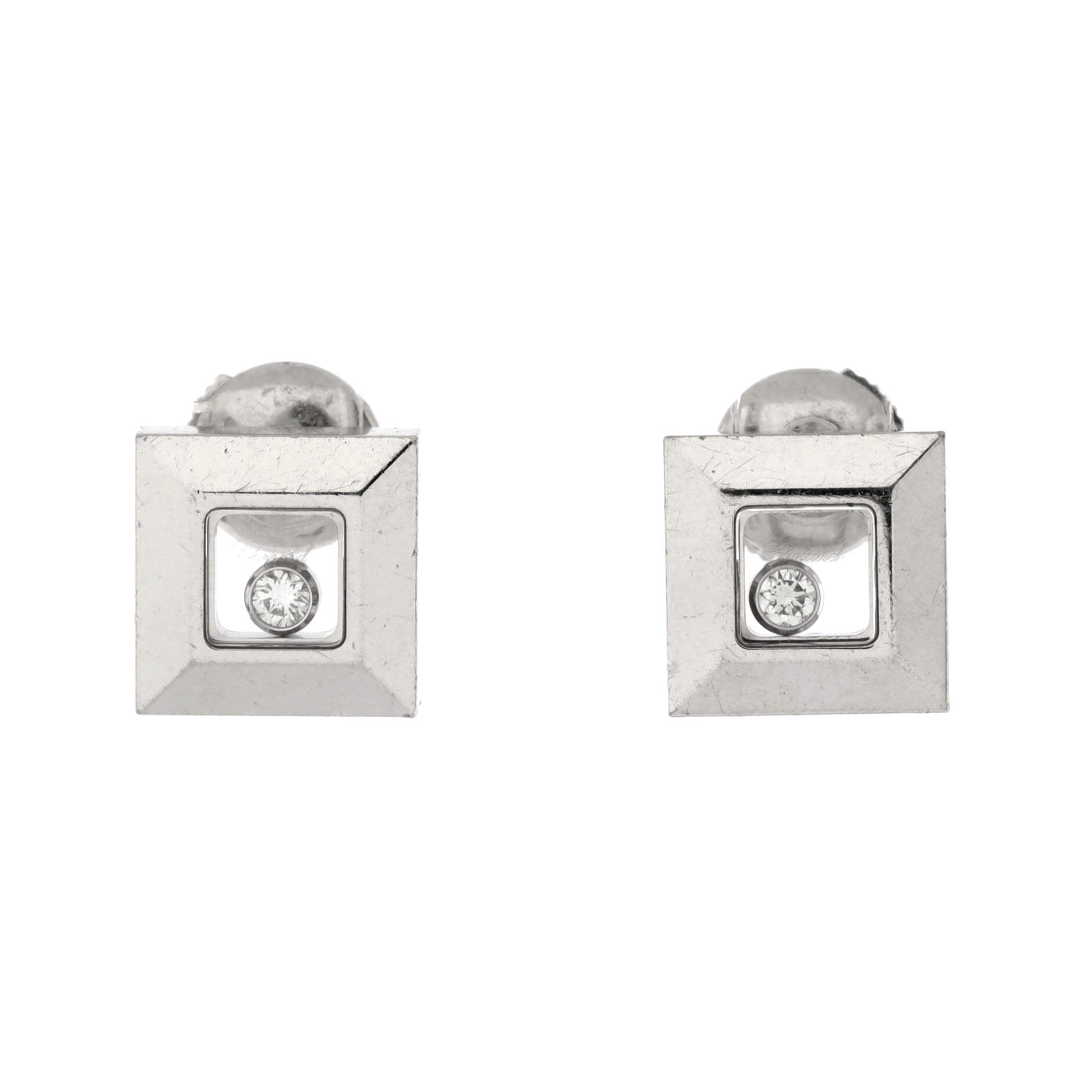 Happy Diamonds Square Stud Earrings 18K White Gold with 1 Floating Diamond