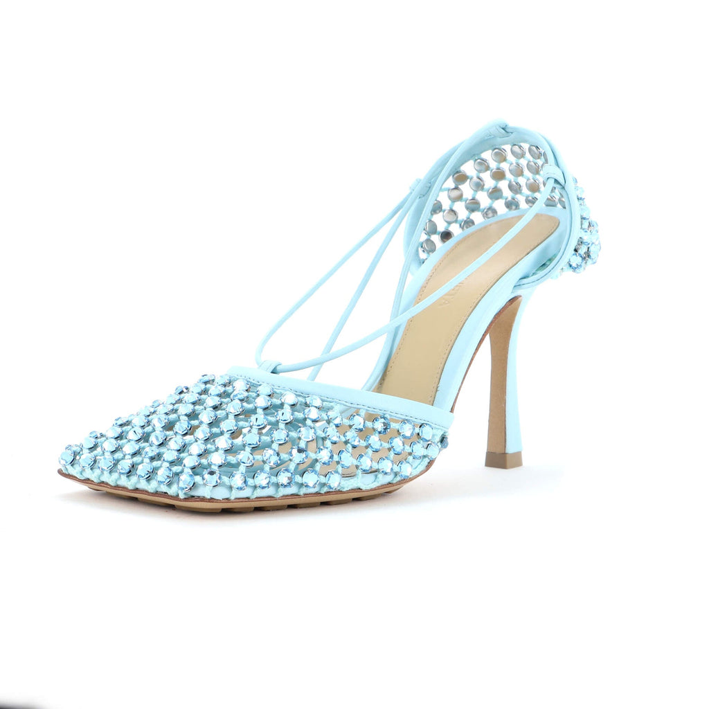 Women's Sparkle Stretch Heeled Sandals Crystal Embellished Mesh and Leather