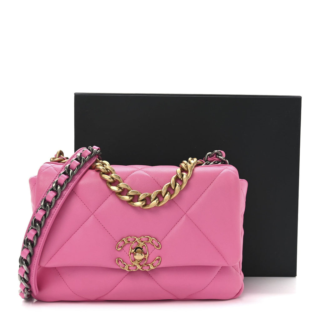Shiny Lambskin Quilted Medium Chanel 19 Flap Neon Pink