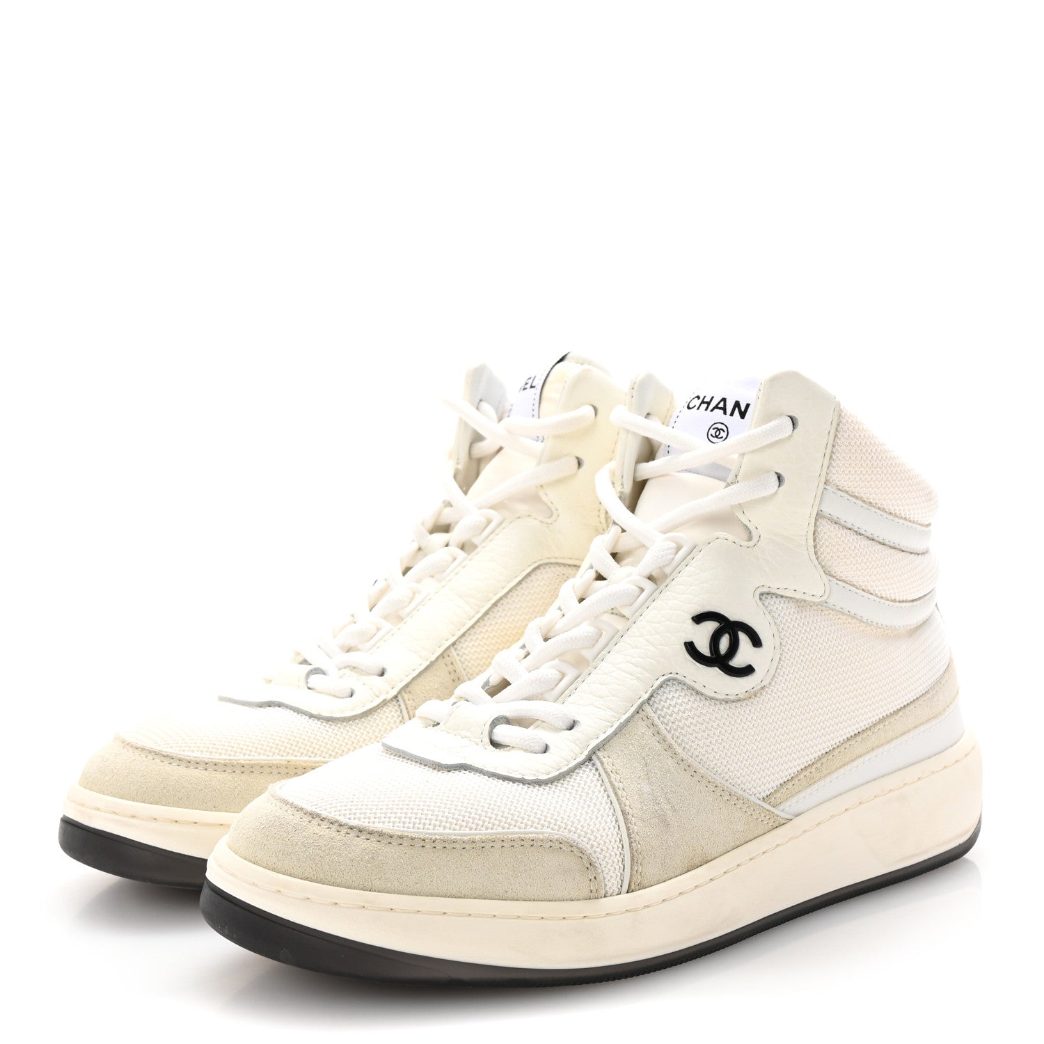 Suede Fabric Grained Calfskin Womens CC High Top Sneakers 38.5 White