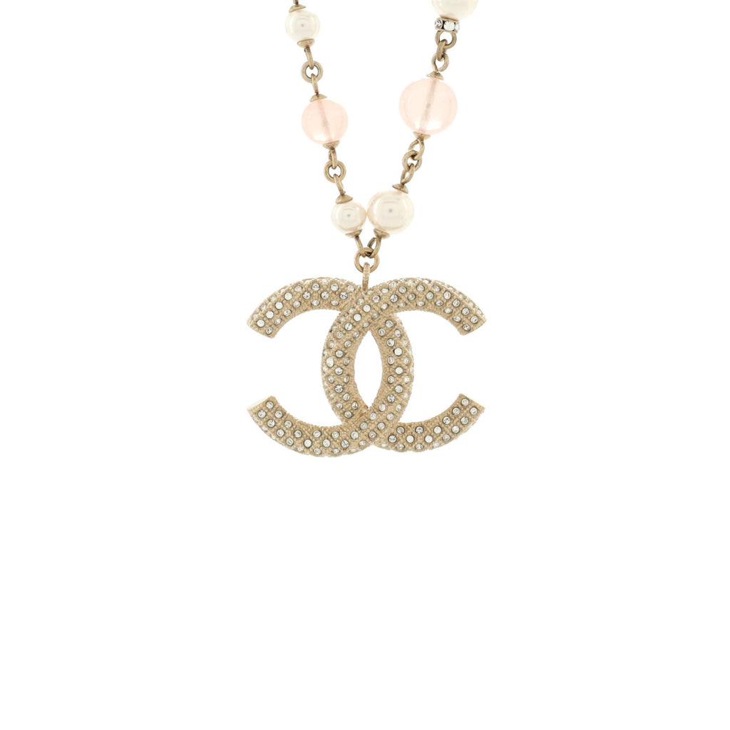 CC Long Pendant Necklace Metal with Faux Pearls and Crystals