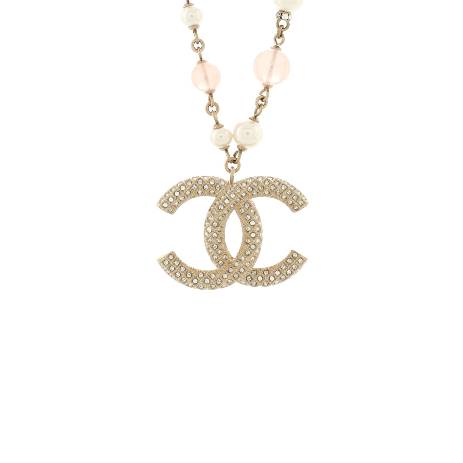 CC Long Pendant Necklace Metal with Faux Pearls and Crystals