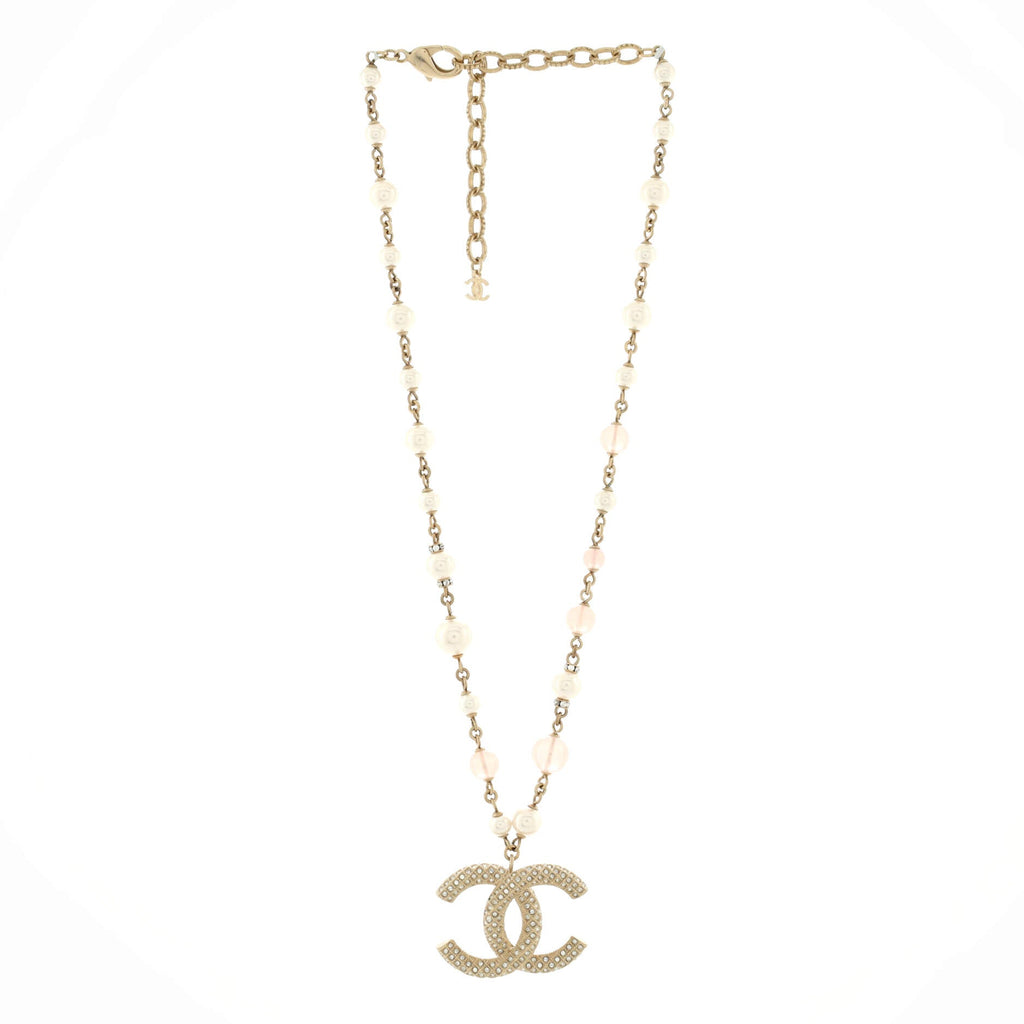 CC Long Pendant Necklace Metal with Faux Pearls and Crystals