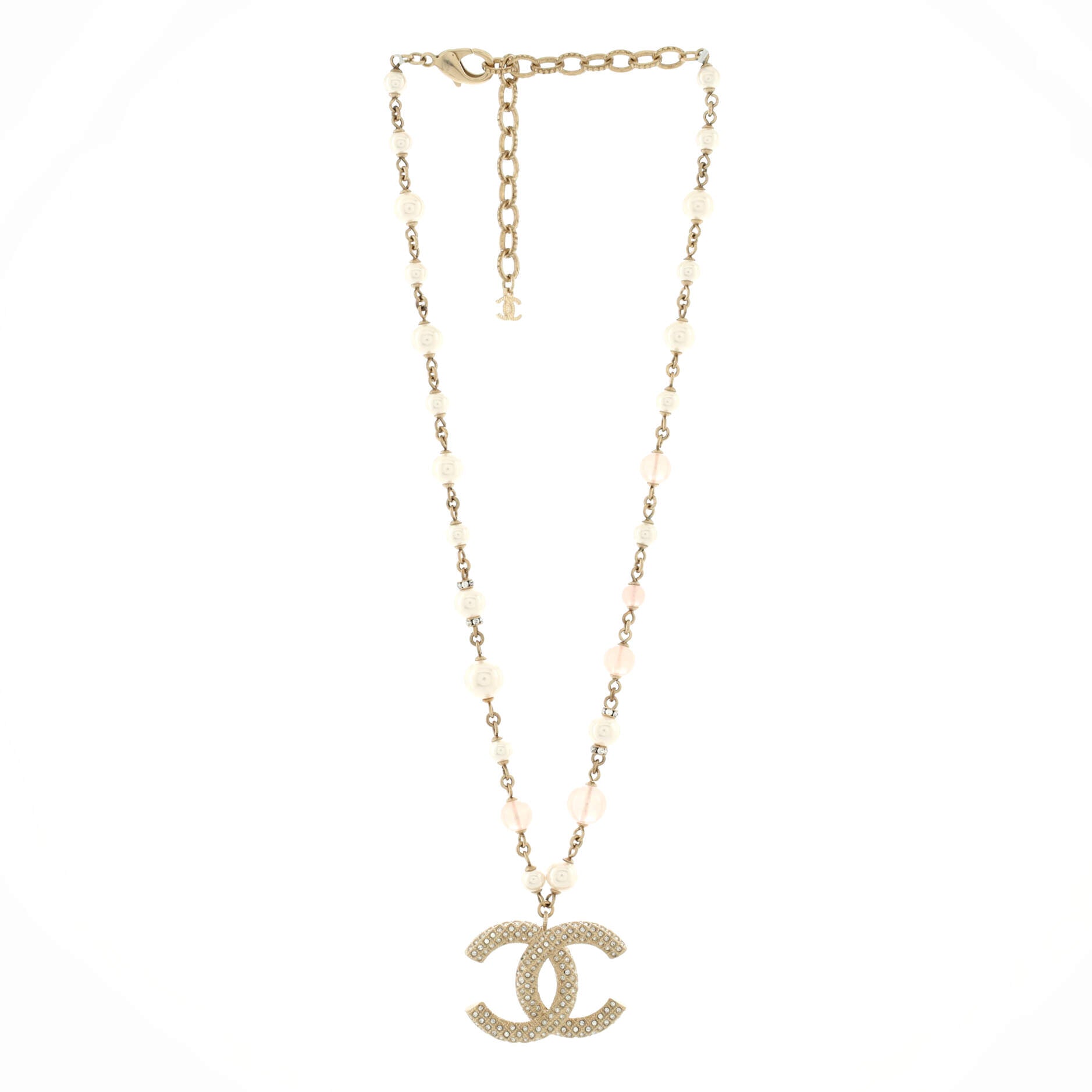 CC Long Pendant Necklace Metal with Faux Pearls and Crystals