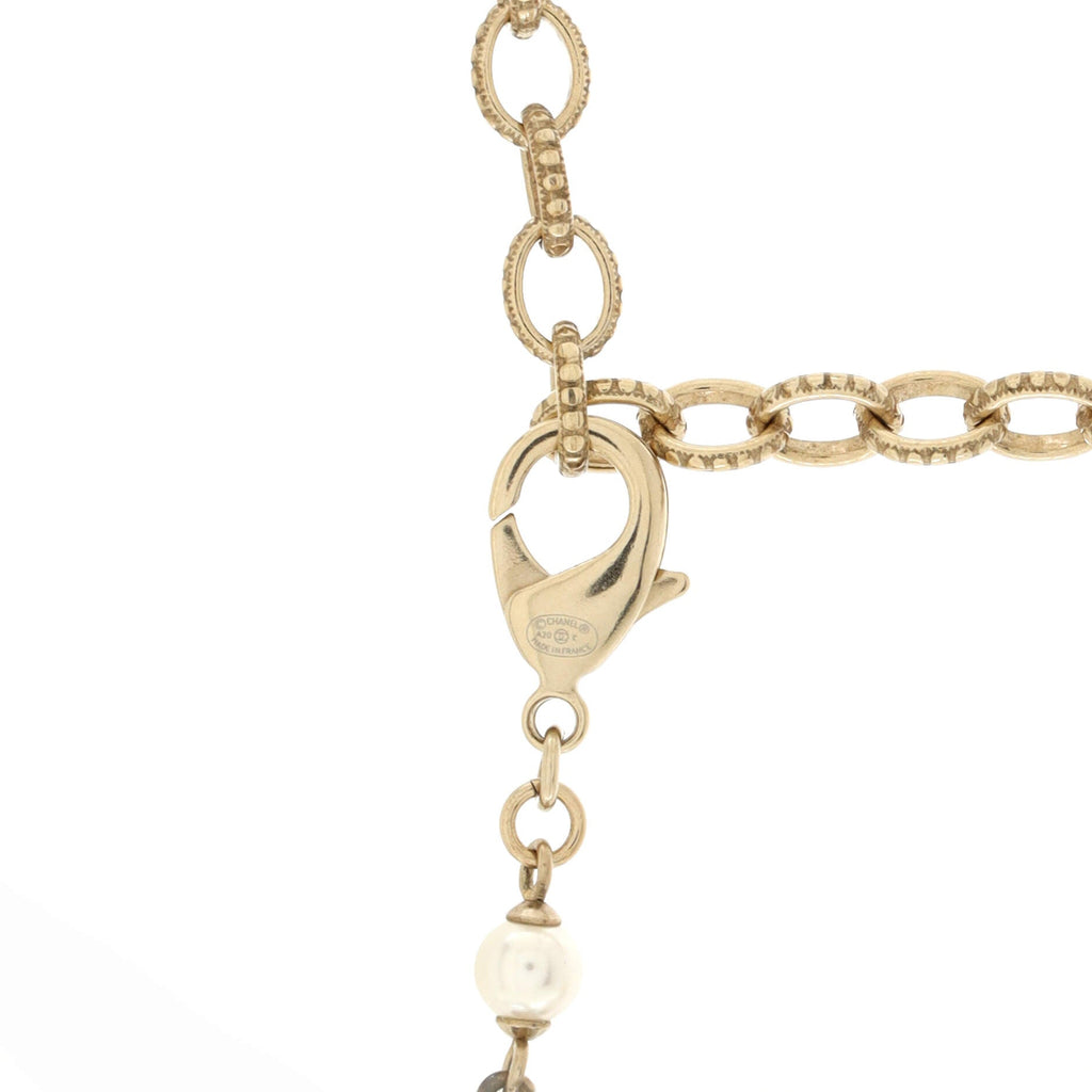 CC Long Pendant Necklace Metal with Faux Pearls and Crystals