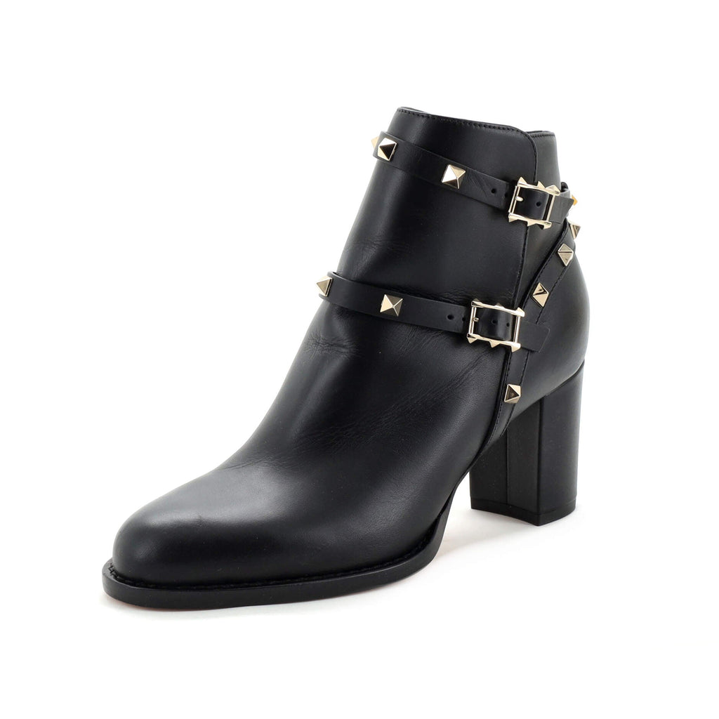 Women's Rockstud Buckle Block Heel Ankle Boots Leather