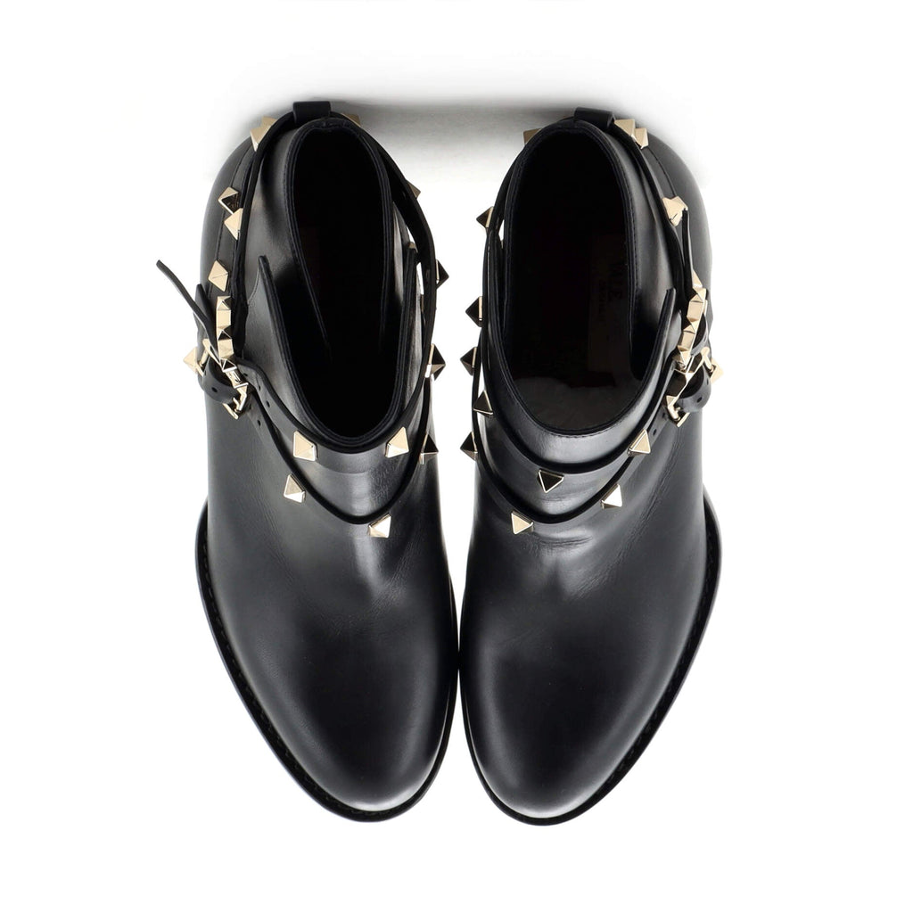 Women's Rockstud Buckle Block Heel Ankle Boots Leather