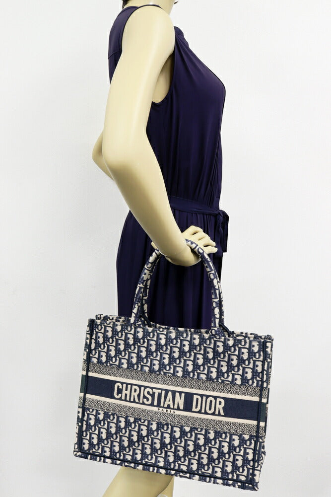 Christian Dior Book Tote Oblique Embroidery Cotton Canvas Tote Bag