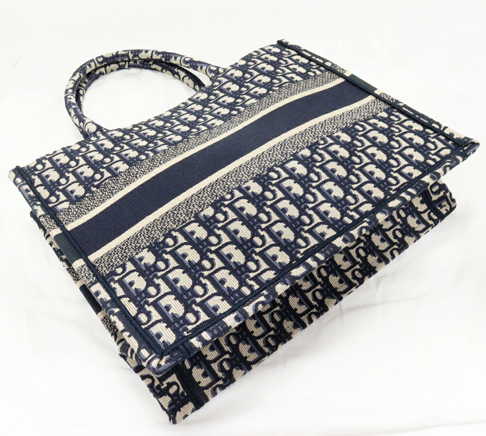 Christian Dior Book Tote Oblique Embroidery Cotton Canvas Tote Bag