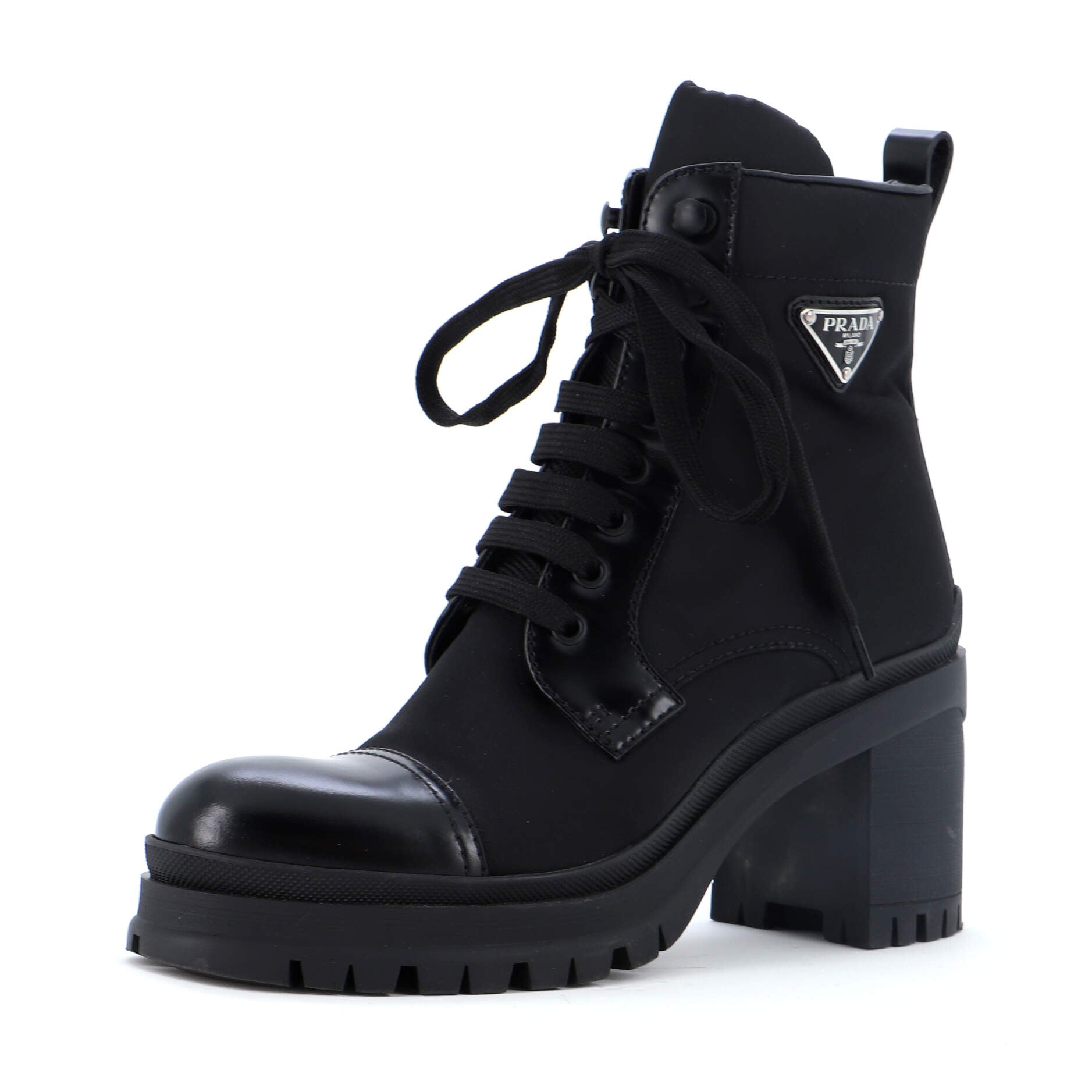 Women's Triangle Logo Heeled Ankle Boots Nylon and Leather