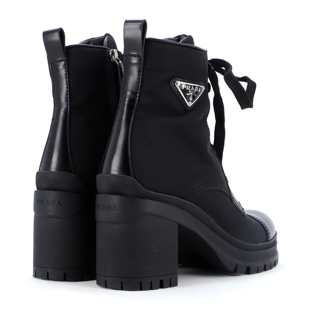 Women's Triangle Logo Heeled Ankle Boots Nylon and Leather