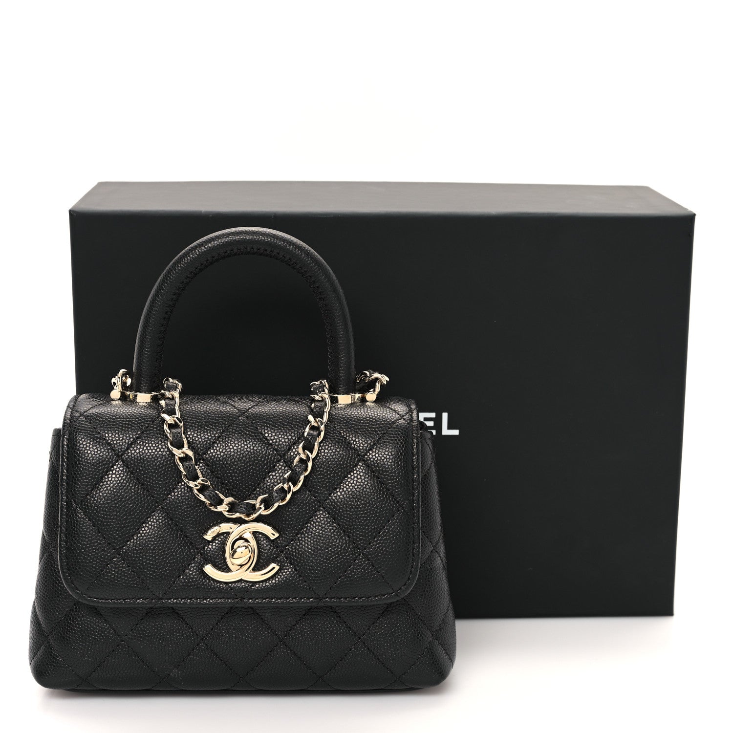 Caviar Quilted Coco Handle Clutch With Chain Black