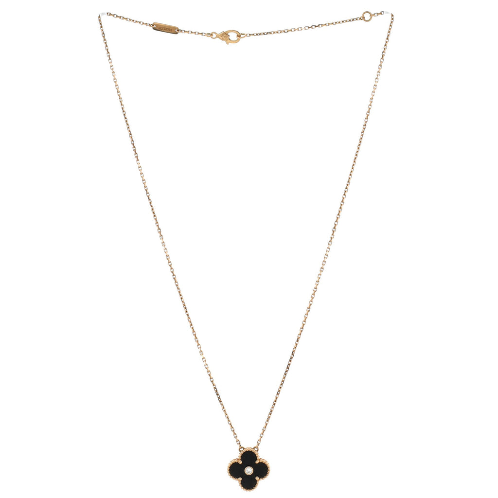 Vintage Alhambra Pendant Necklace 18K Rose Gold and Onyx with Diamond