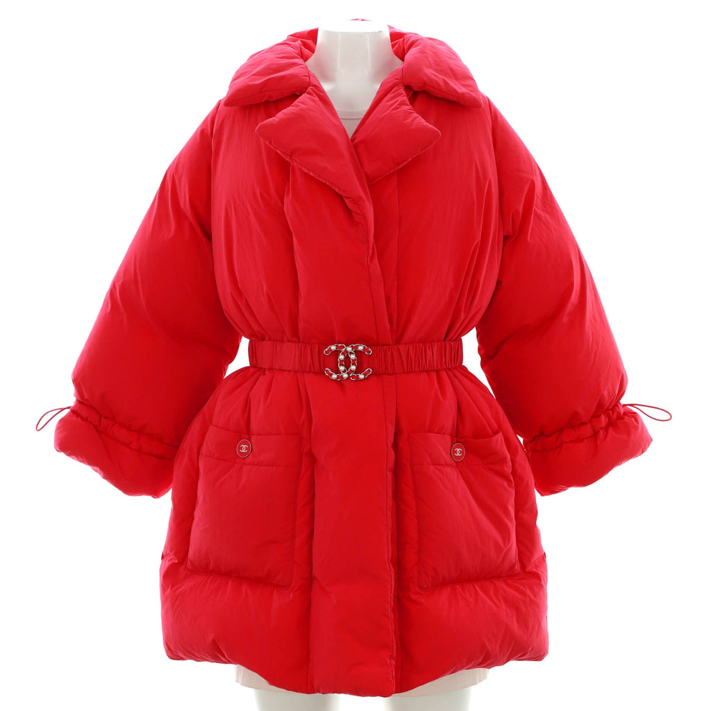 Women's Pearl Chained CC Belted Puffer Coat Quilted Polyamide with Down Blend