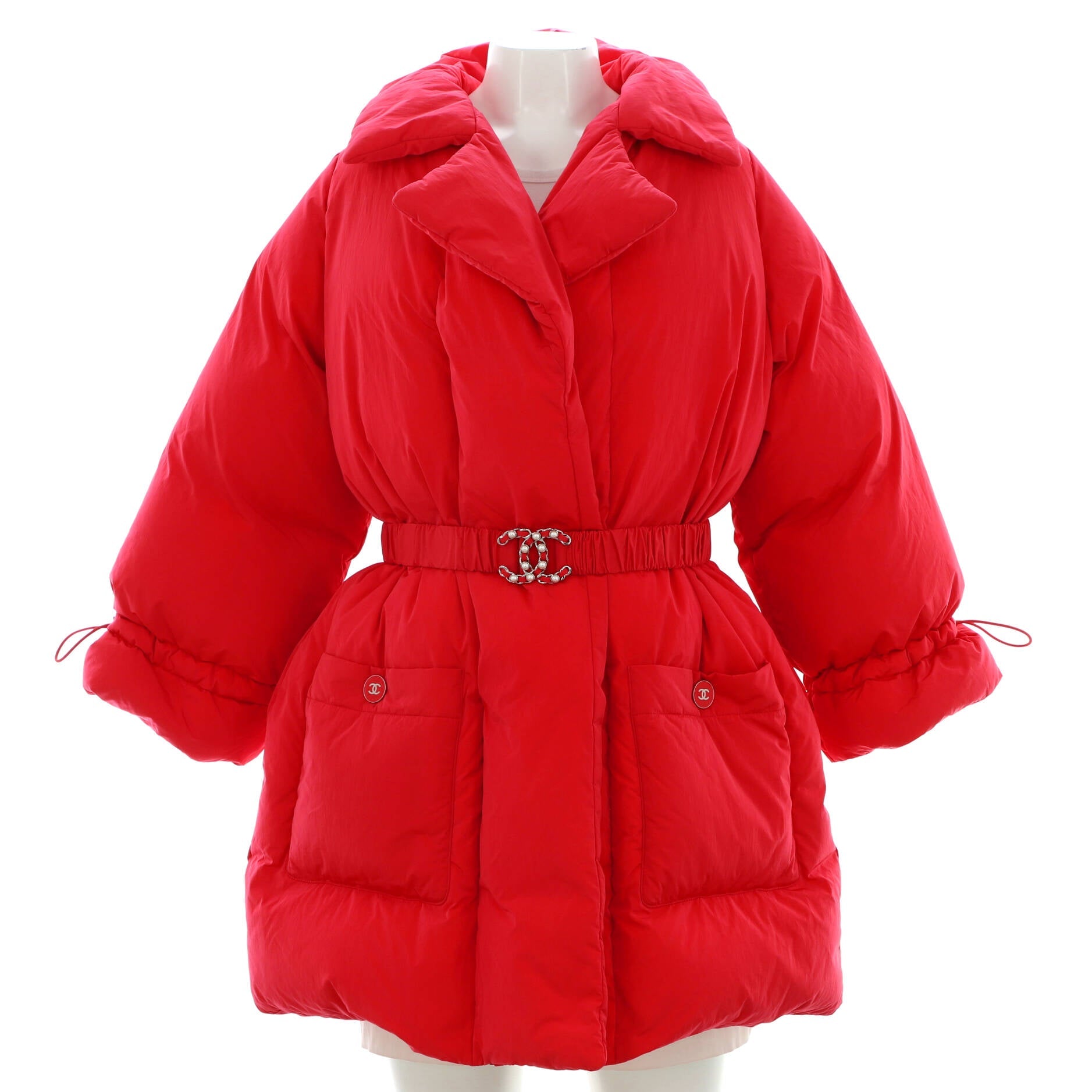 Women's Pearl Chained CC Belted Puffer Coat Quilted Polyamide with Down Blend