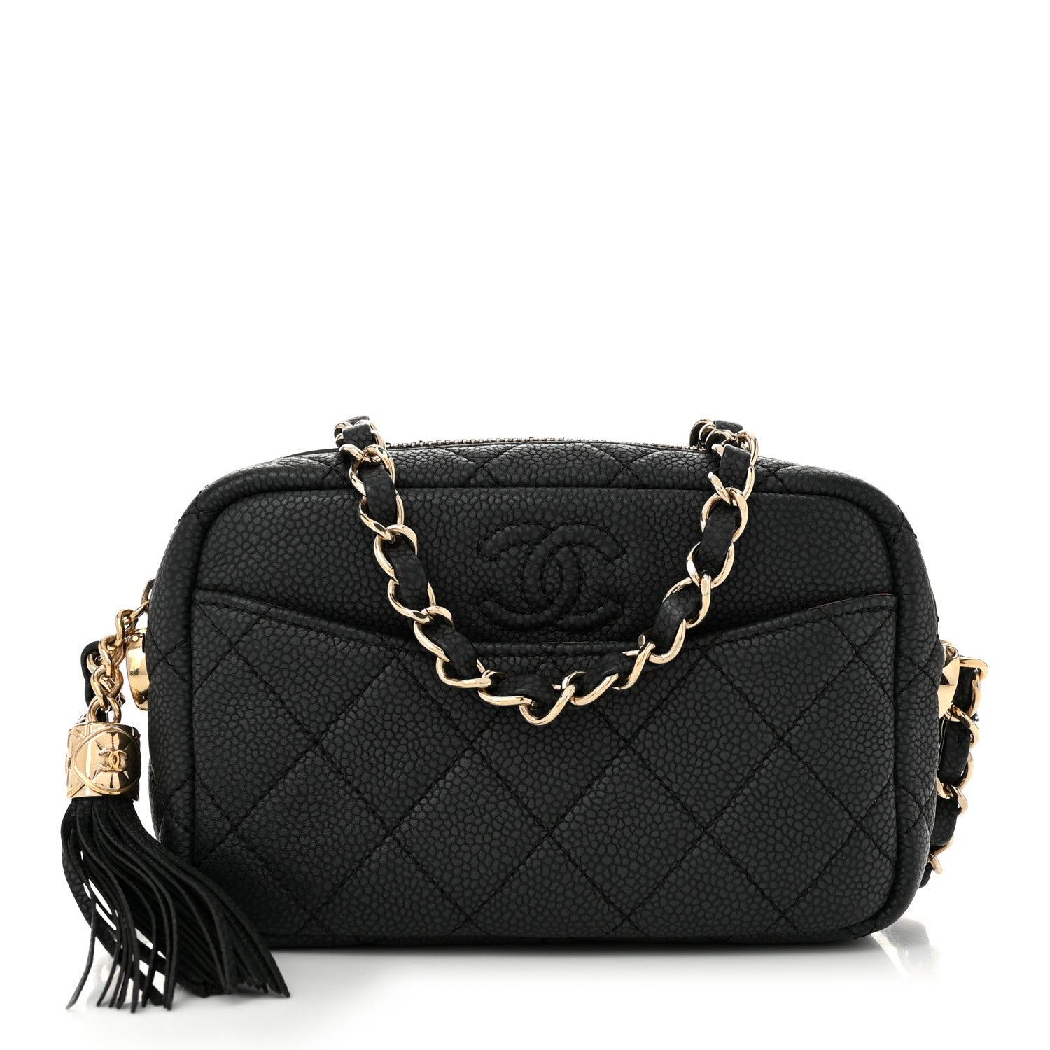 Iridescent Caviar Quilted Mini Coco Tassel Camera Case Black