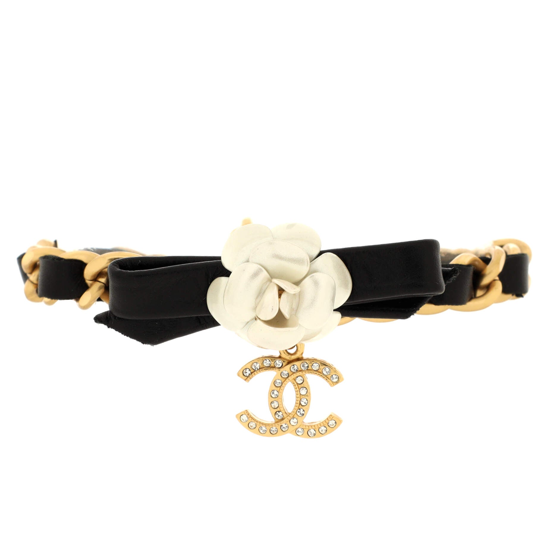 CC Camellia Chain Bracelet Metal and Leather with Crystals