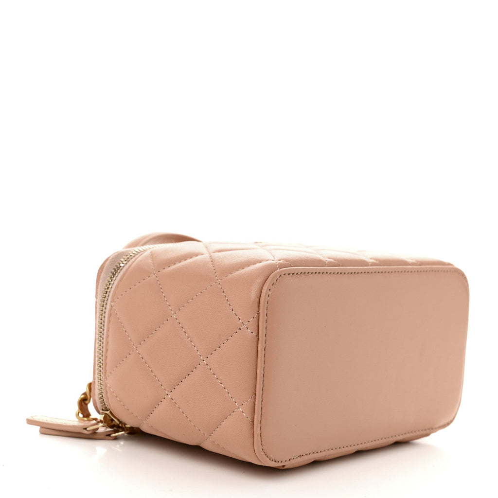 Lambskin Quilted Small Top Handle Vanity Case With Chain Beige
