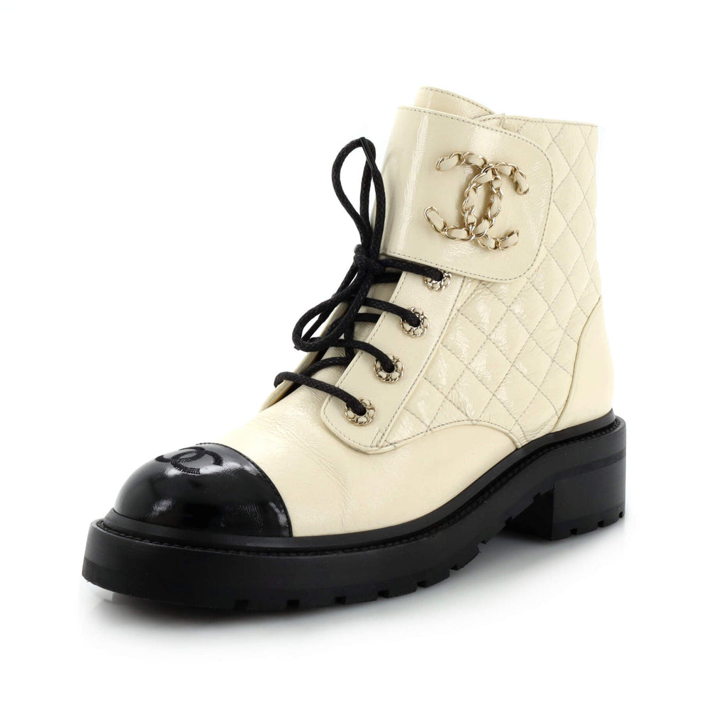 Women's Chain CC Cap Toe Lace Up Combat Boots Quilted Shiny Calfskin