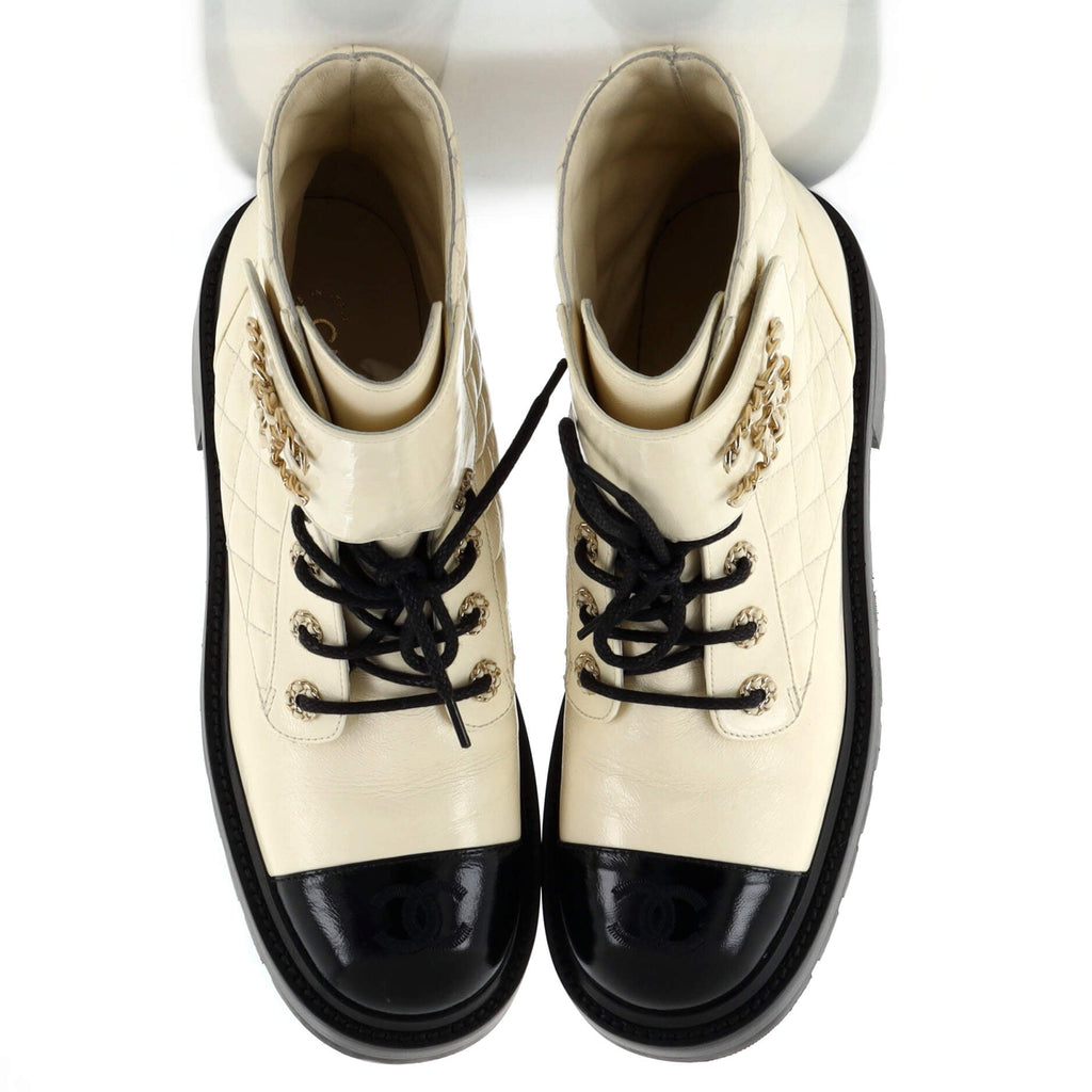 Women's Chain CC Cap Toe Lace Up Combat Boots Quilted Shiny Calfskin