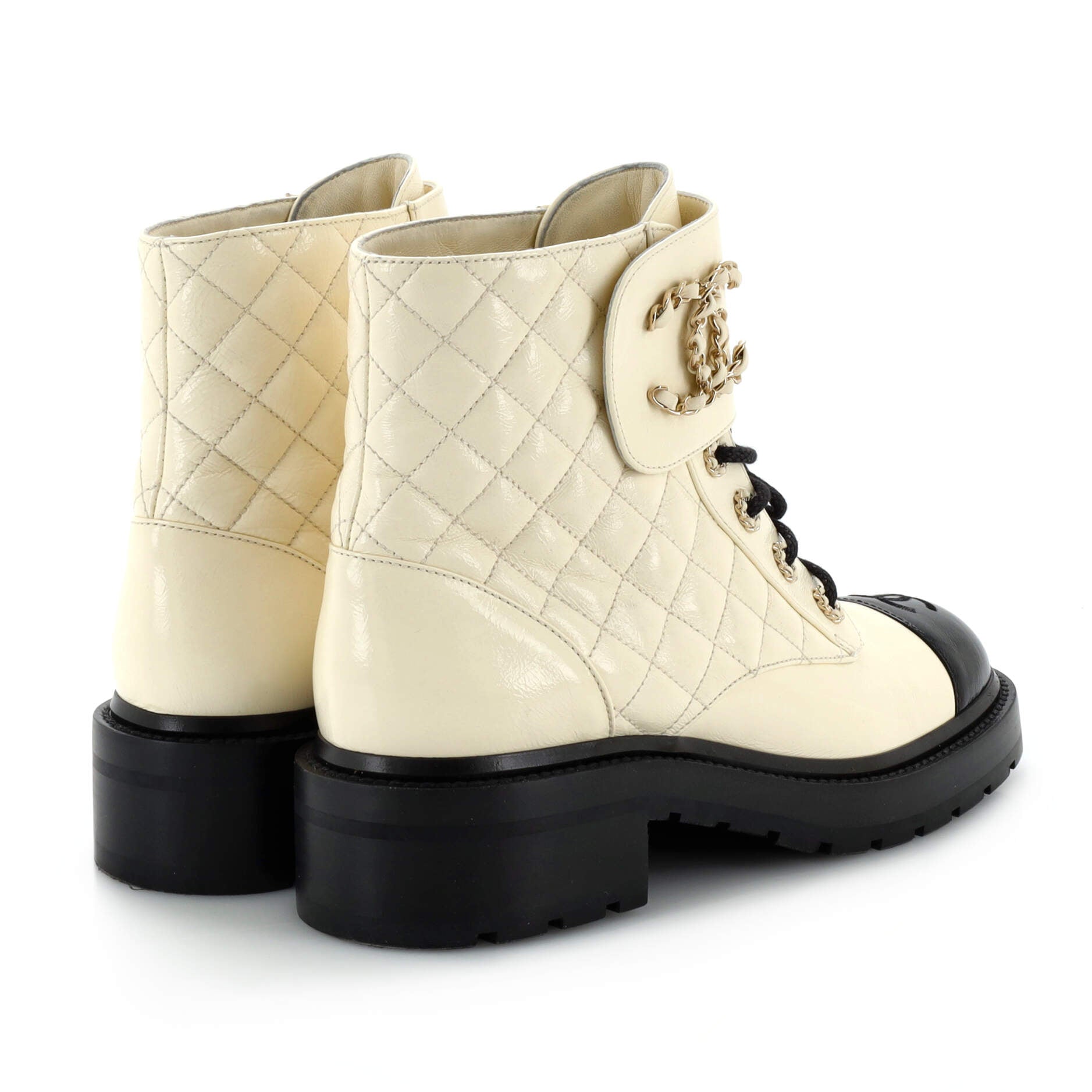 Women's Chain CC Cap Toe Lace Up Combat Boots Quilted Shiny Calfskin