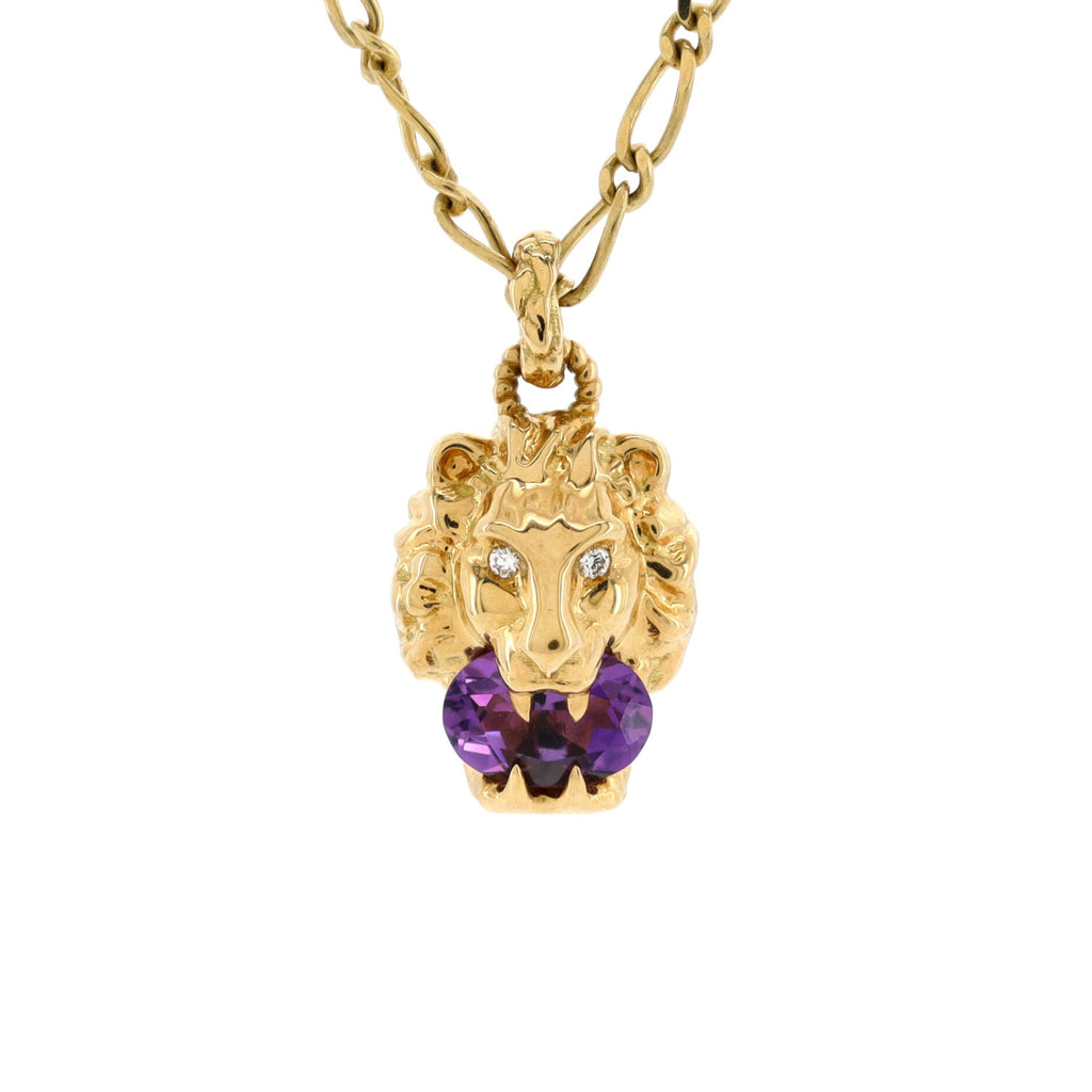 Lion Head Necklace 18K Yellow Gold with Amethyst and Diamonds