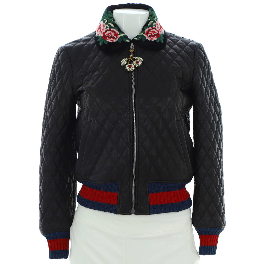 Women's Floral Collar Bomber Jacket Quilted Leather
