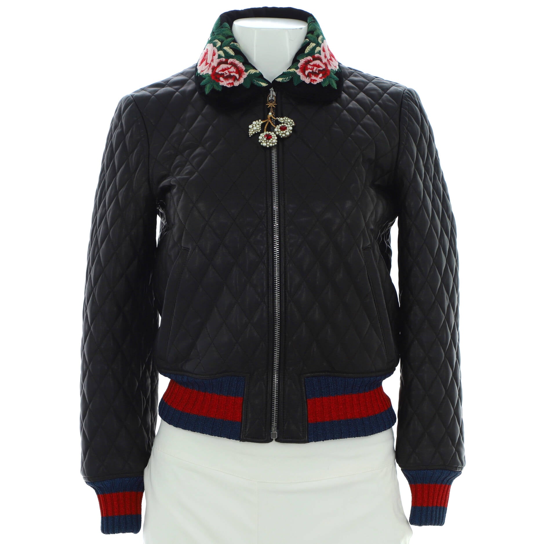 Women's Floral Collar Bomber Jacket Quilted Leather