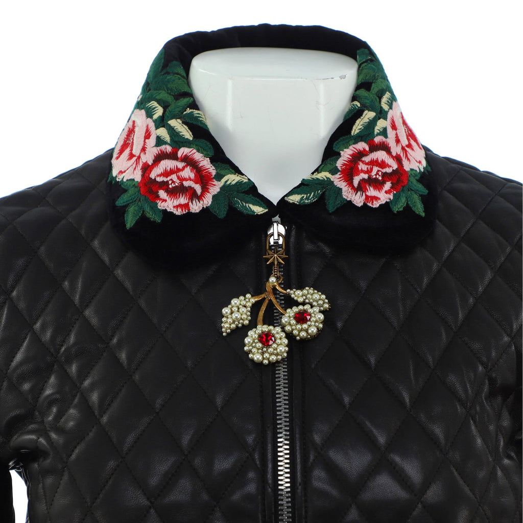 Women's Floral Collar Bomber Jacket Quilted Leather