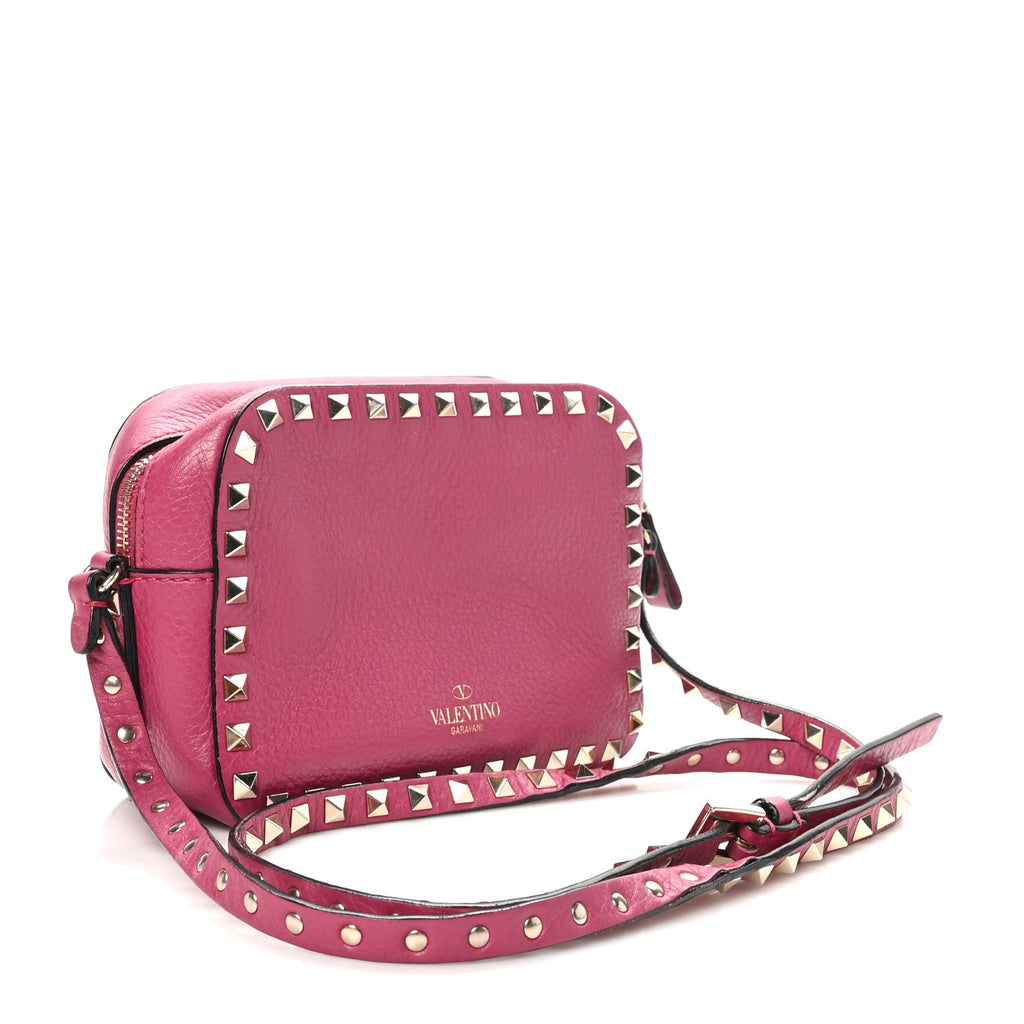 Pebbled Calfskin Rockstud Camera Crossbody Bag Raspberry