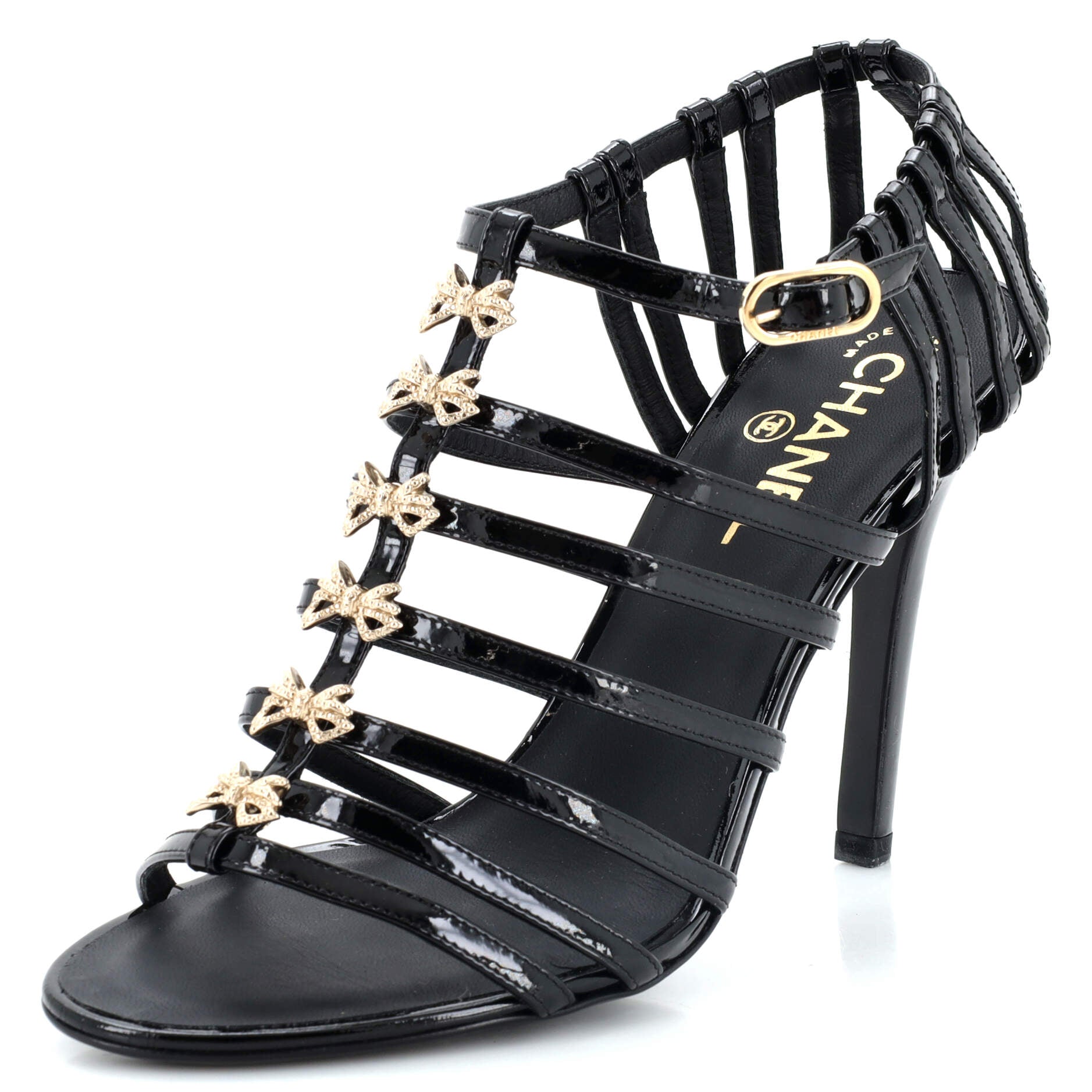 Women's Strappy Bow Heeled Sandals Patent with Crystals