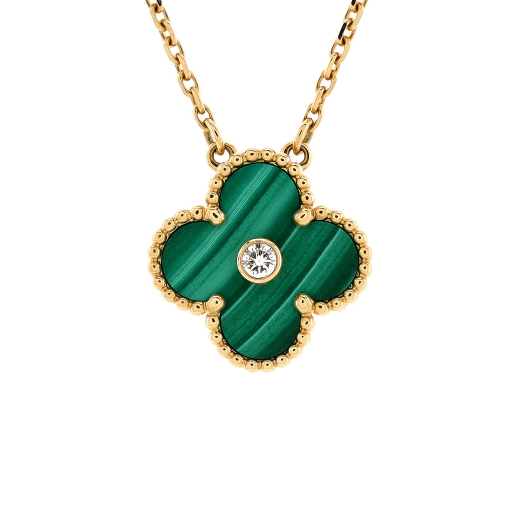 Vintage Alhambra Pendant Necklace 18K Yellow Gold and Malachite with Diamond