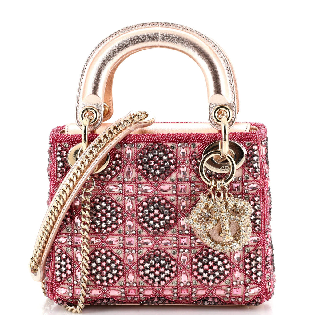 Lady Dior Chain Bag Cannage Beaded Satin with Metallic Leather Mini