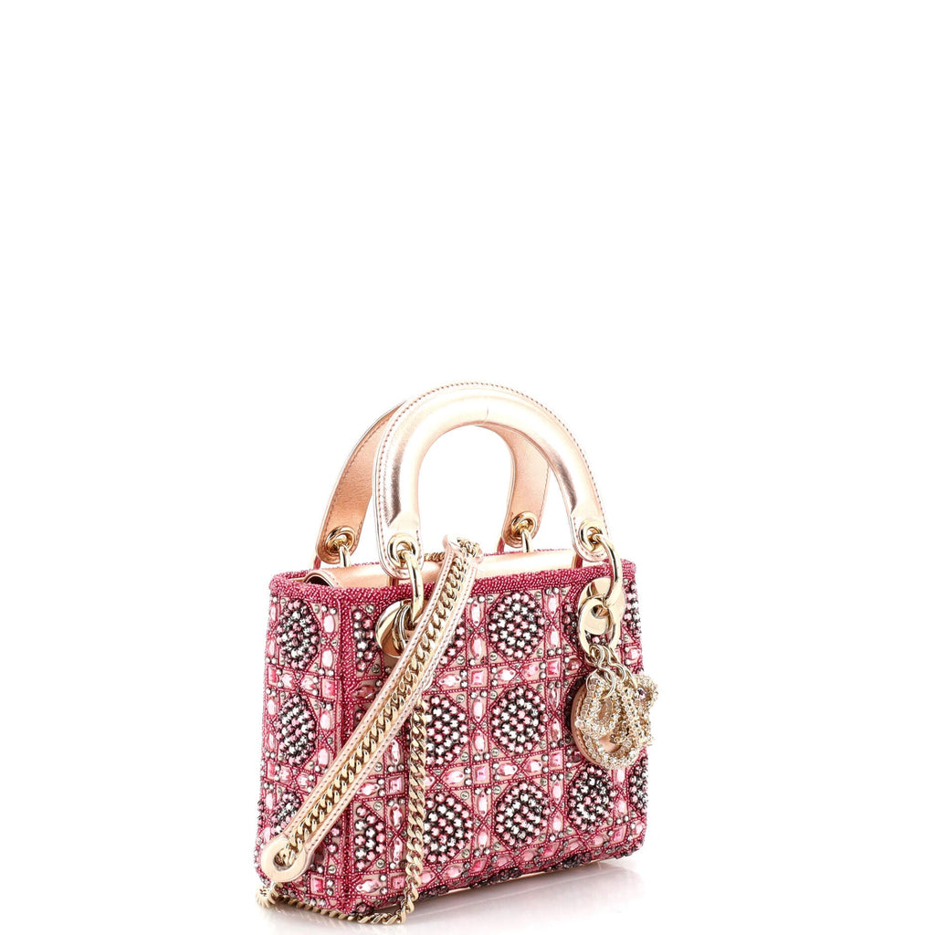 Lady Dior Chain Bag Cannage Beaded Satin with Metallic Leather Mini