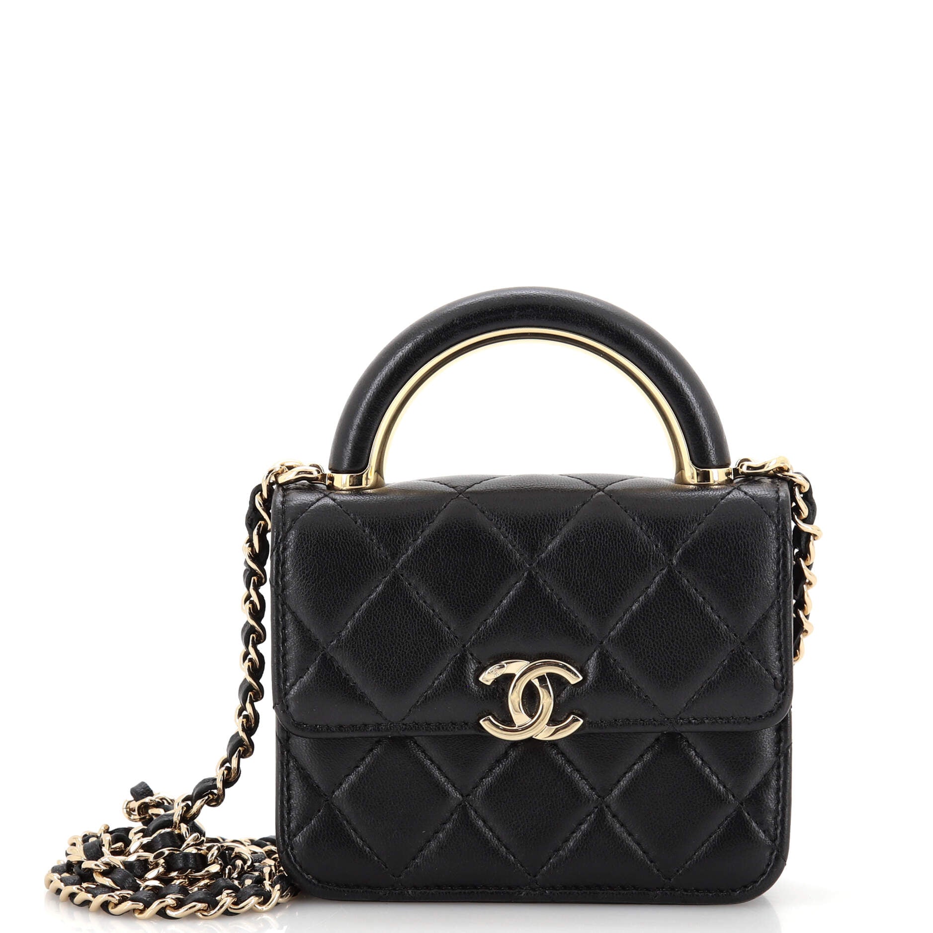 Charming Handle Flap Clutch with Chain Quilted Lambskin Mini