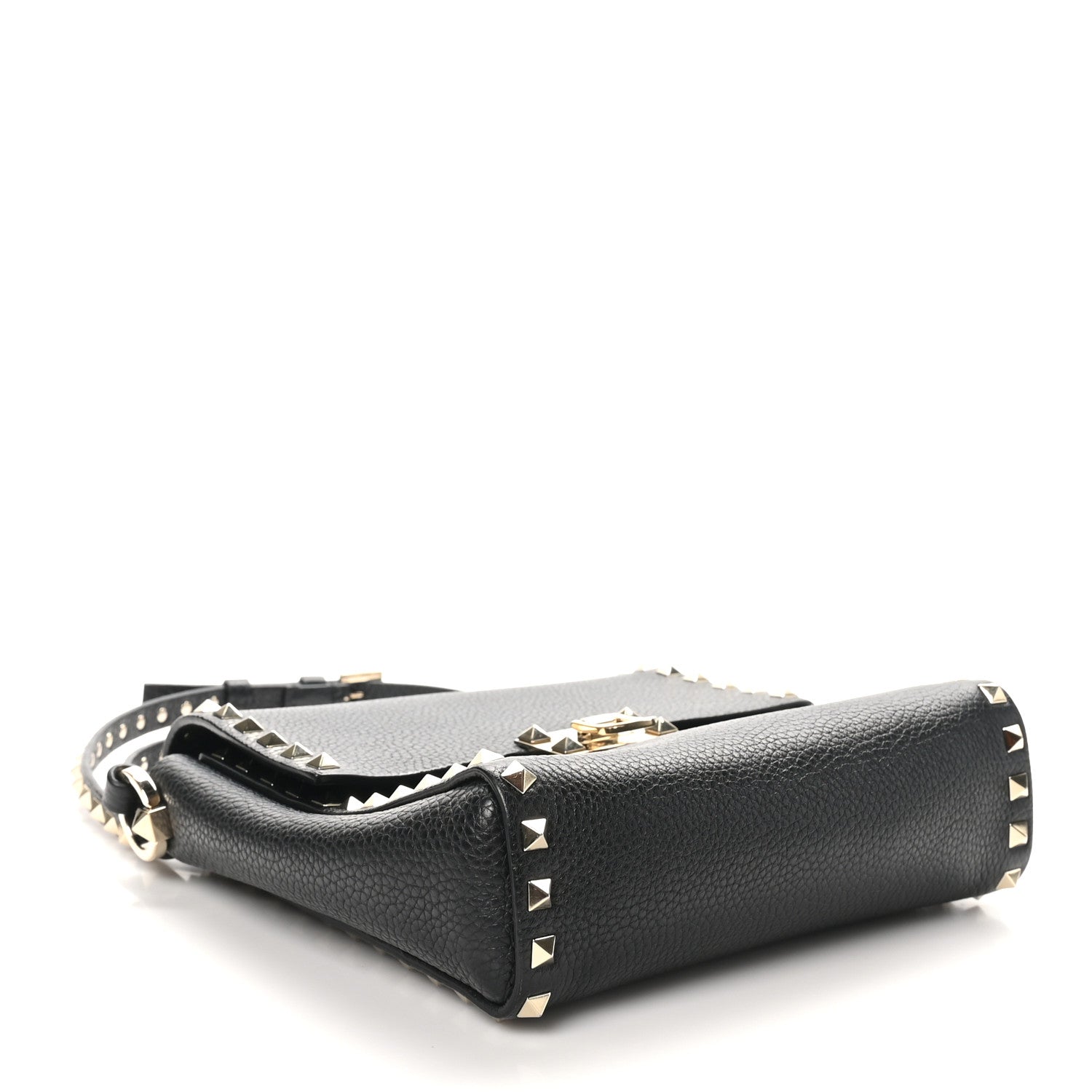 Pebbled Calfskin Rockstud Flip Lock Flap Messenger Black