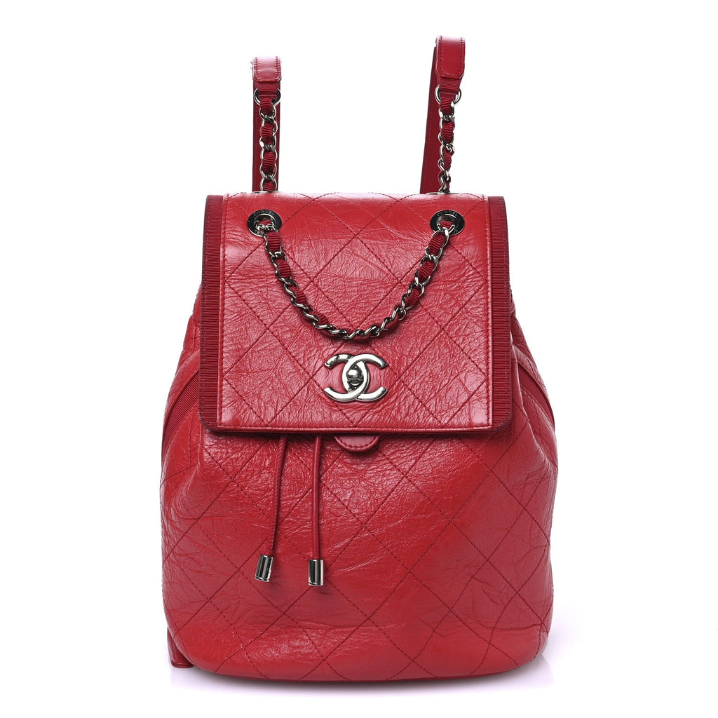 Crumpled Grained Calfskin Quilted Backpack Red
