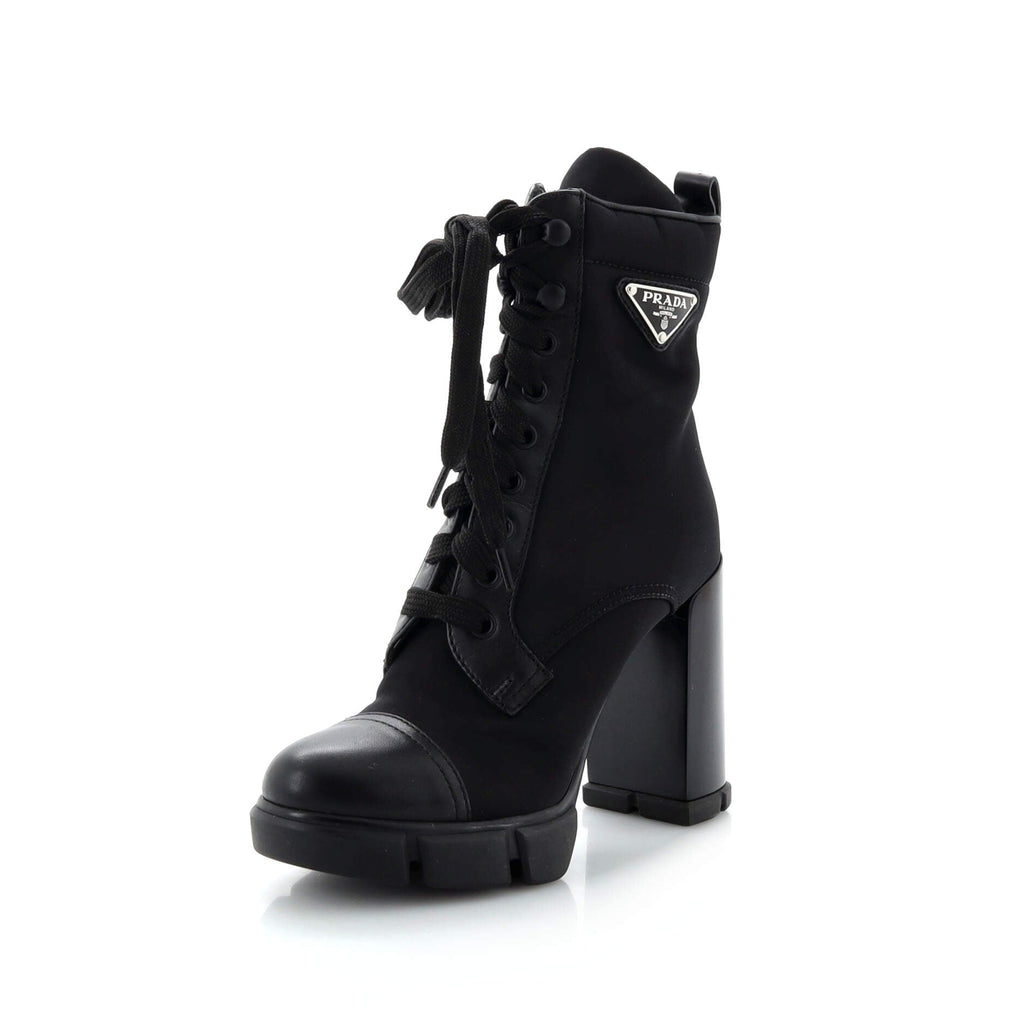 Women's Triangle Logo Heeled Ankle Boots Nylon and Leather