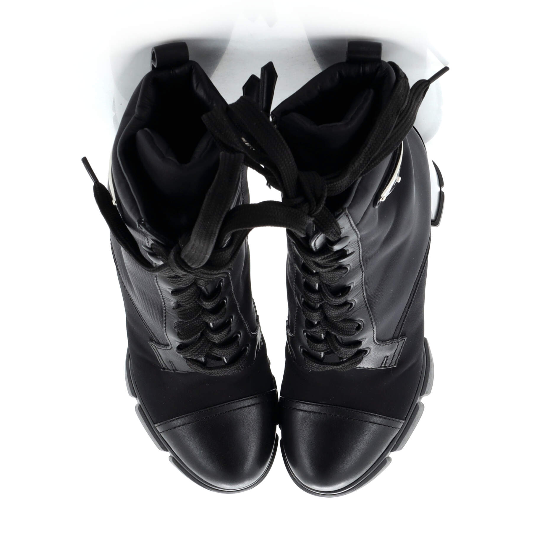 Women's Triangle Logo Heeled Ankle Boots Nylon and Leather