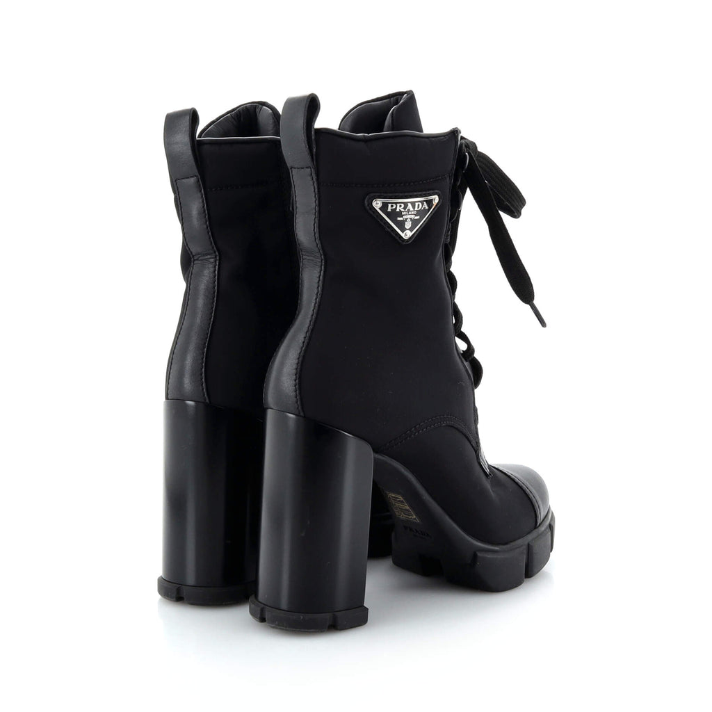 Women's Triangle Logo Heeled Ankle Boots Nylon and Leather