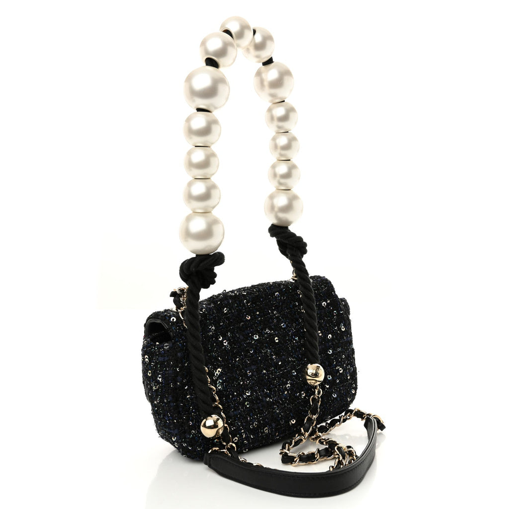 Tweed Mini Pearl Handle Flap Black Ecru