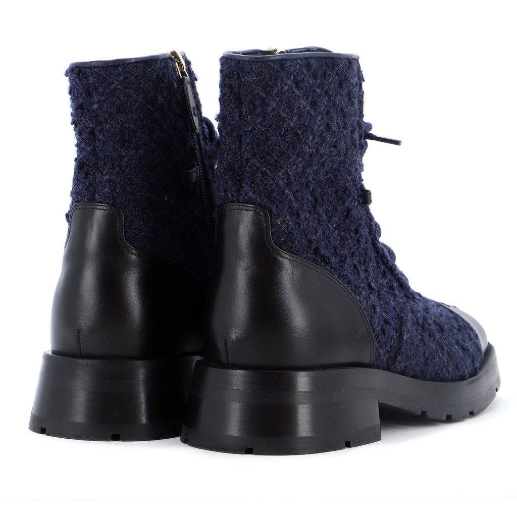 Women's Chain CC Cap Toe Lace Up Combat Boots Tweed and Leather