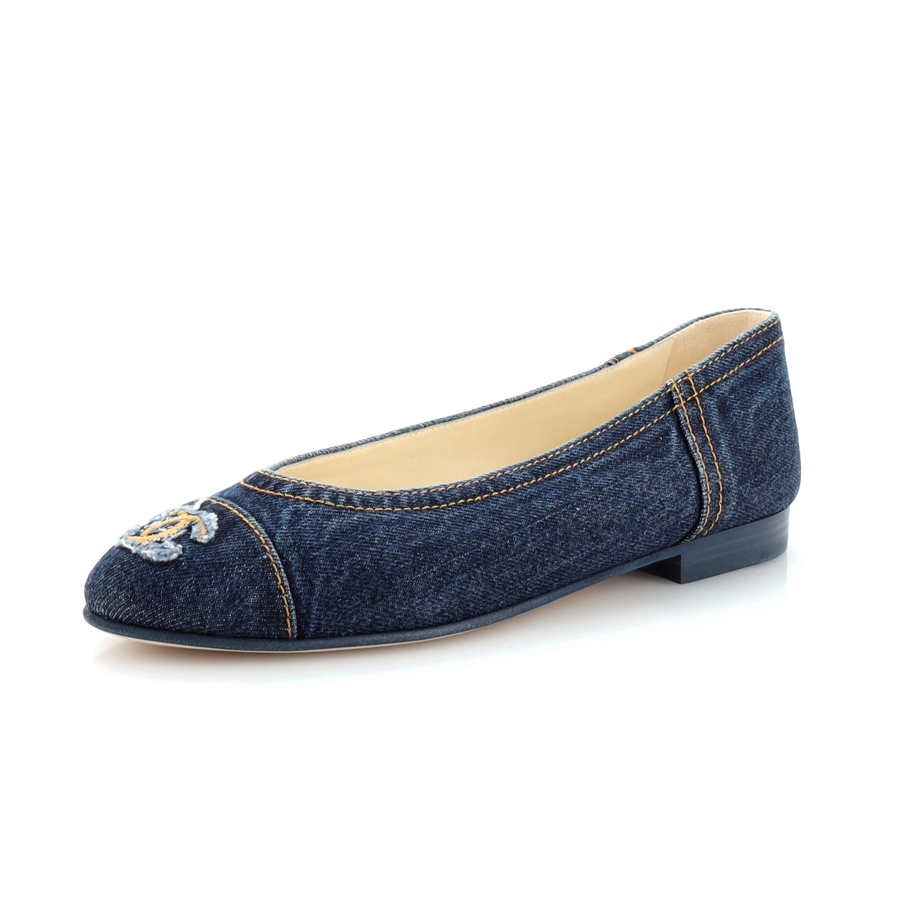 Women's CC Cap Toe Bow Ballerina Flats Denim with Embroidered Fringe Detail
