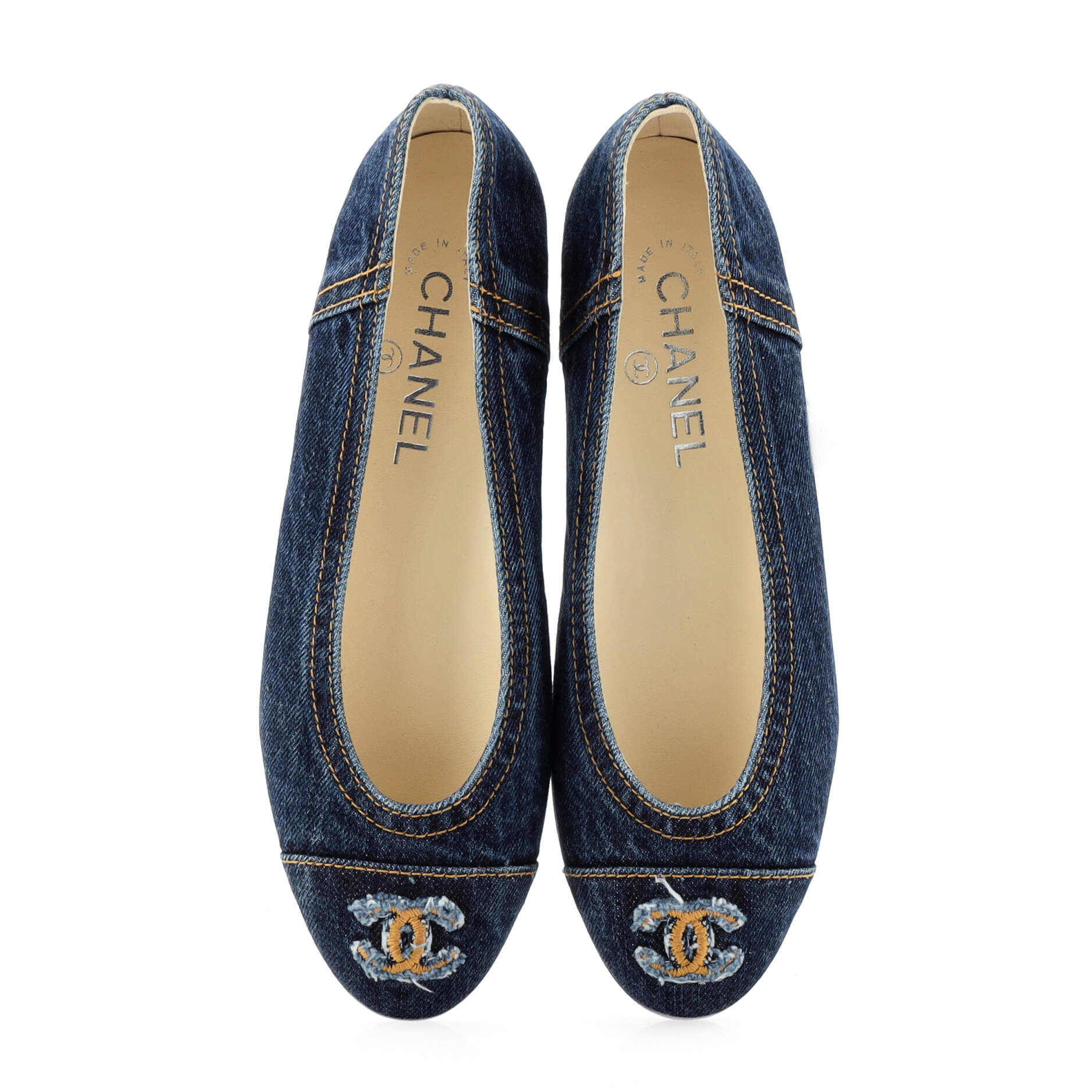 Women's CC Cap Toe Bow Ballerina Flats Denim with Embroidered Fringe Detail