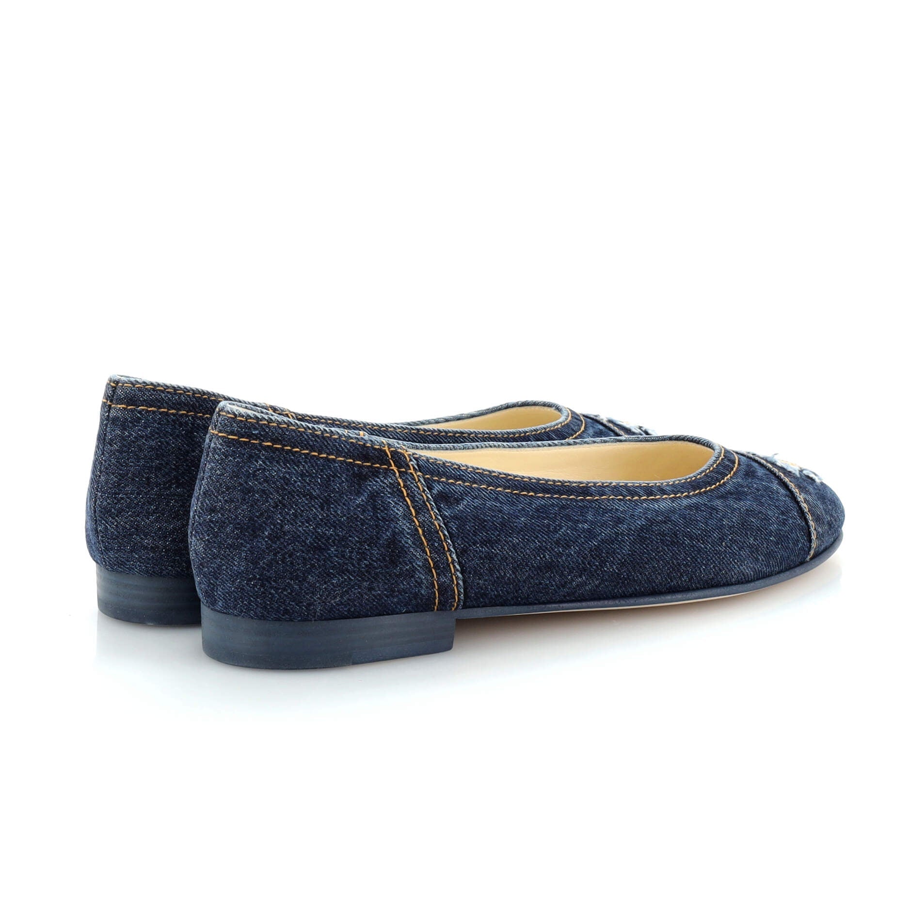Women's CC Cap Toe Bow Ballerina Flats Denim with Embroidered Fringe Detail