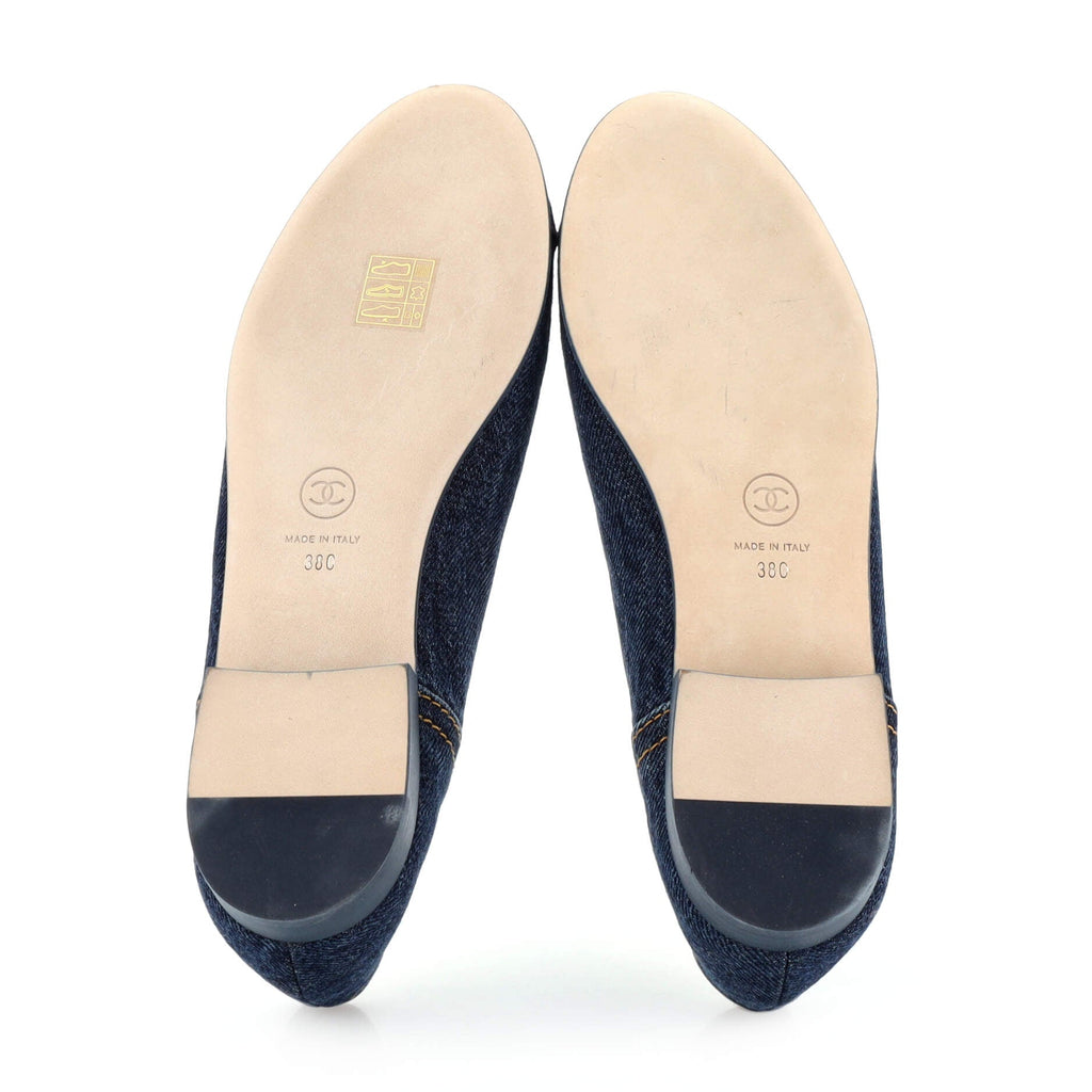 Women's CC Cap Toe Bow Ballerina Flats Denim with Embroidered Fringe Detail