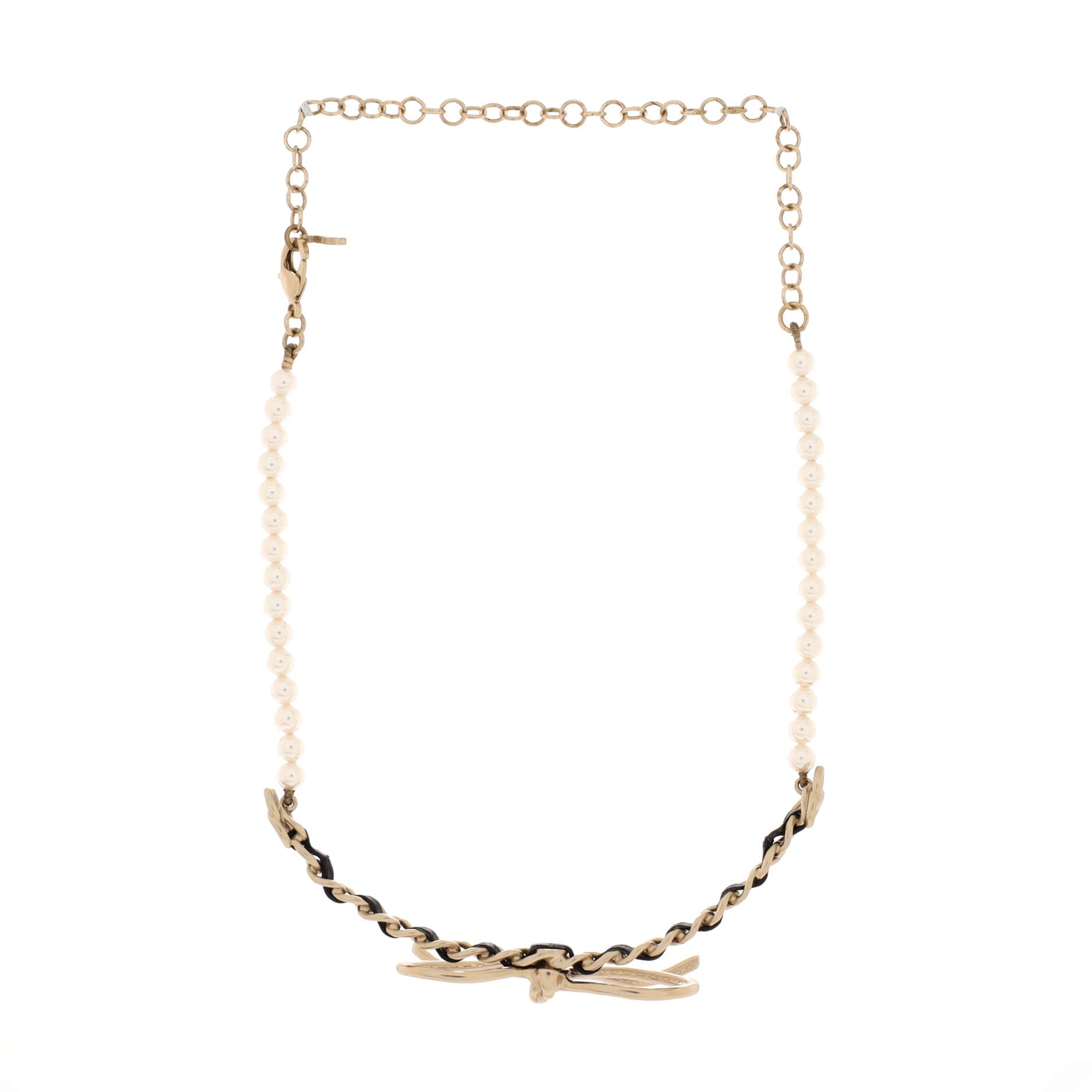 Bow Choker Chain Necklace Metal with Leather and Faux Pearls