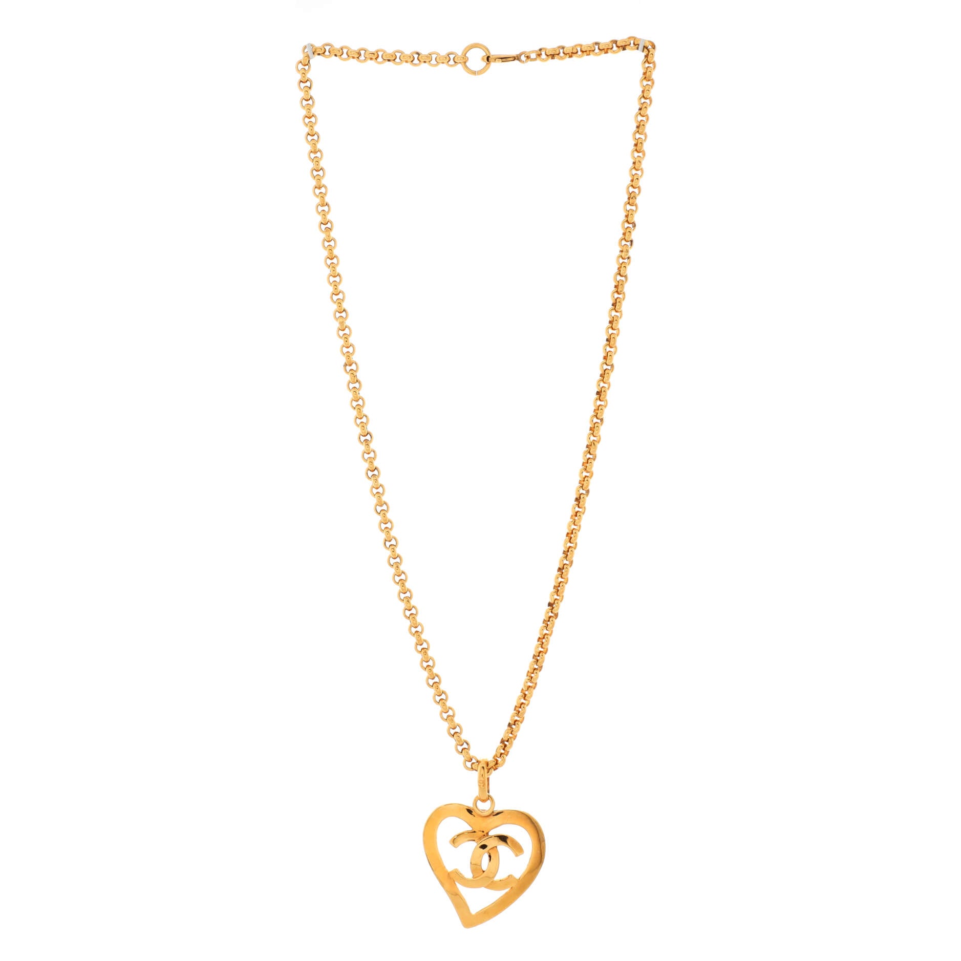 Vintage CC Heart Pendant Long Necklace Metal